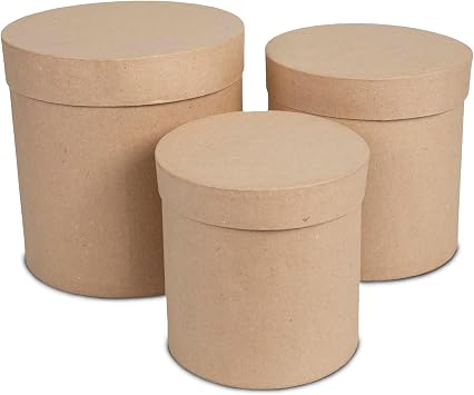 Tall & Round Paper Mache Boxes with Lids (Set of 3) - Brown Kraft Paper Nesting Gift Boxes - Nesting Round Gift Boxes with Lids for Custom Decoration - Durable Paper Mache Box for Versatile Storage