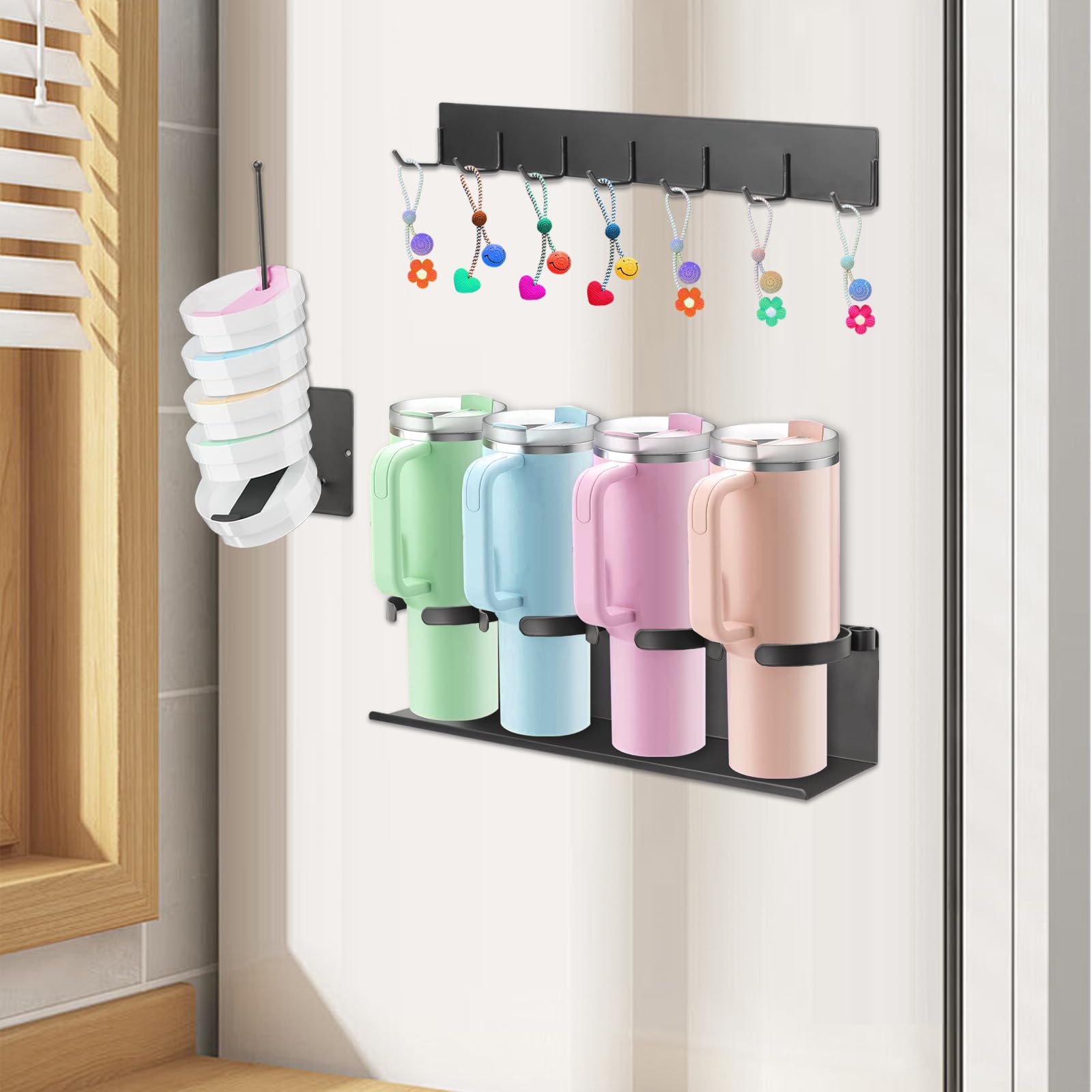 Juego de 3 soportes magnéticos para almacenamiento de tazas, portavasos magnético para nevera con organizador de tapa de vaso y ganchos para tazas S-TANLEY de 20 onzas, 30 onzas, 40 onzas, organizador