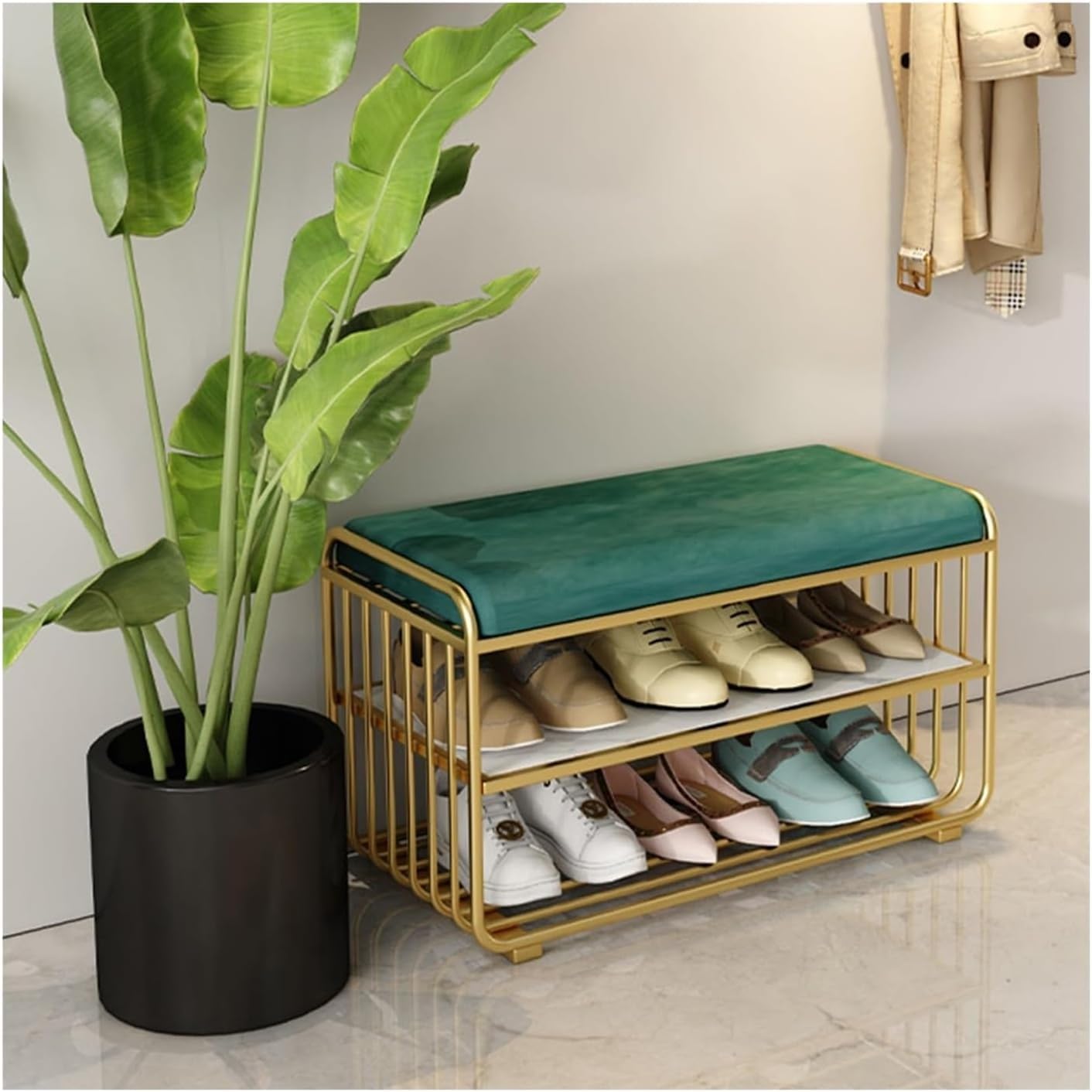 Pouf capitonné en velours et étagère à chaussures fonctionnelle pour entrée et chambre chic