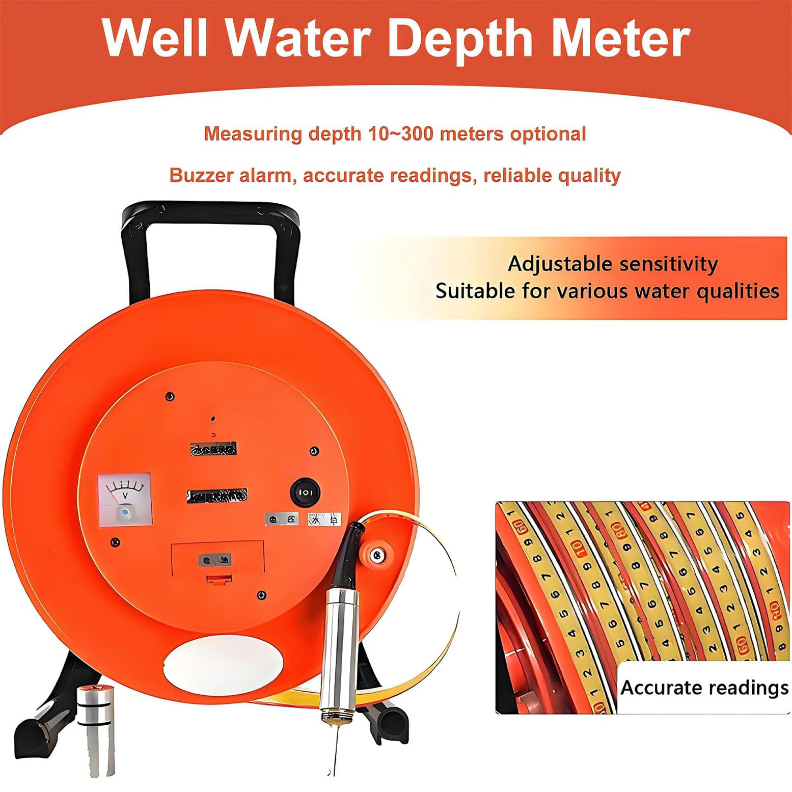 Medidor de profundidad, rango de 20 a 400 m con sonda de acero inoxidable, sonda de nivel de agua para pozos profundos, perforaciones, tanques, riego y aguas subterráneas de 100 m a 328 pies.