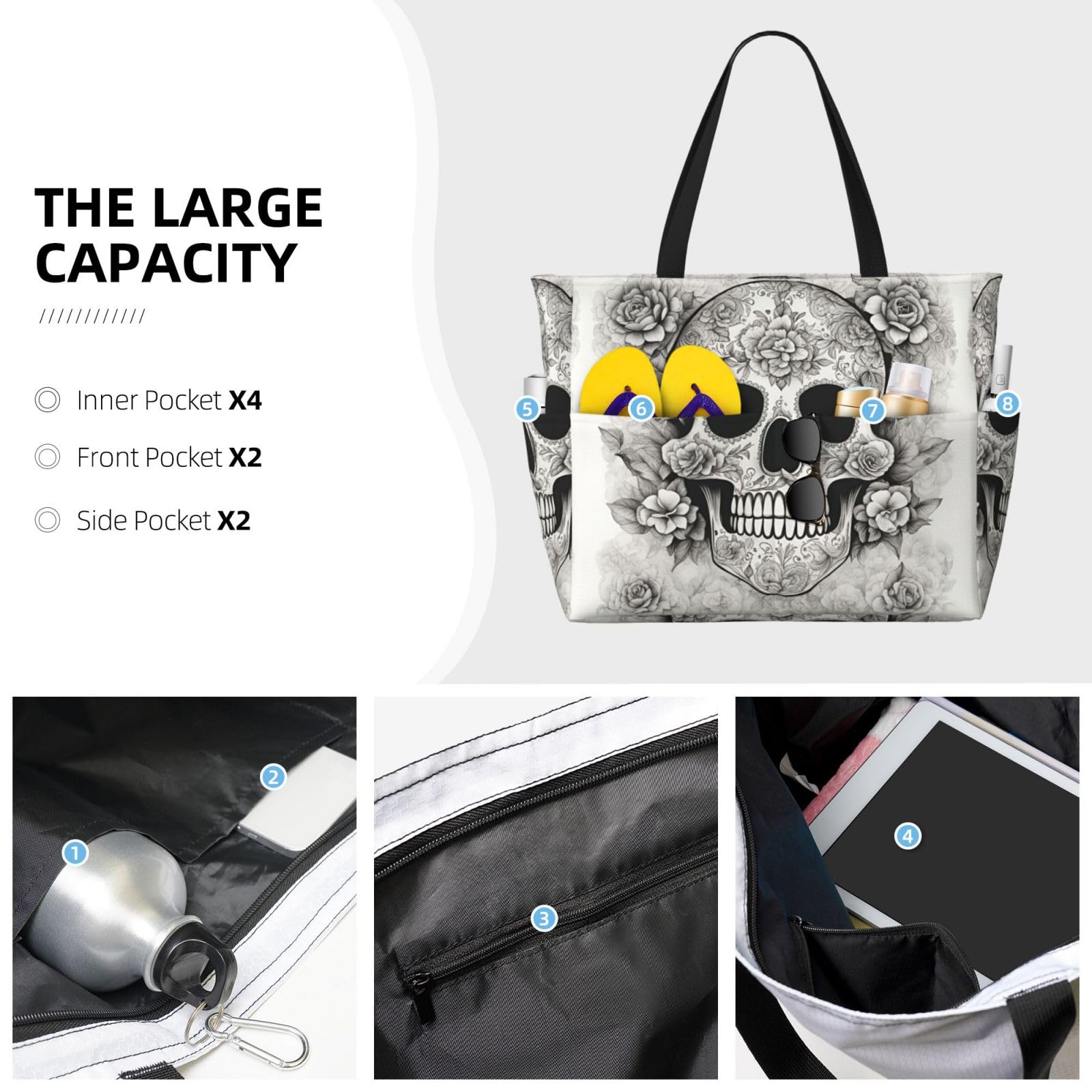 Sac de transport extra large avec tête de mort mexicaine, sac de plage pliable avec sac, sac de week-end, sac de voyage, sac de nuit