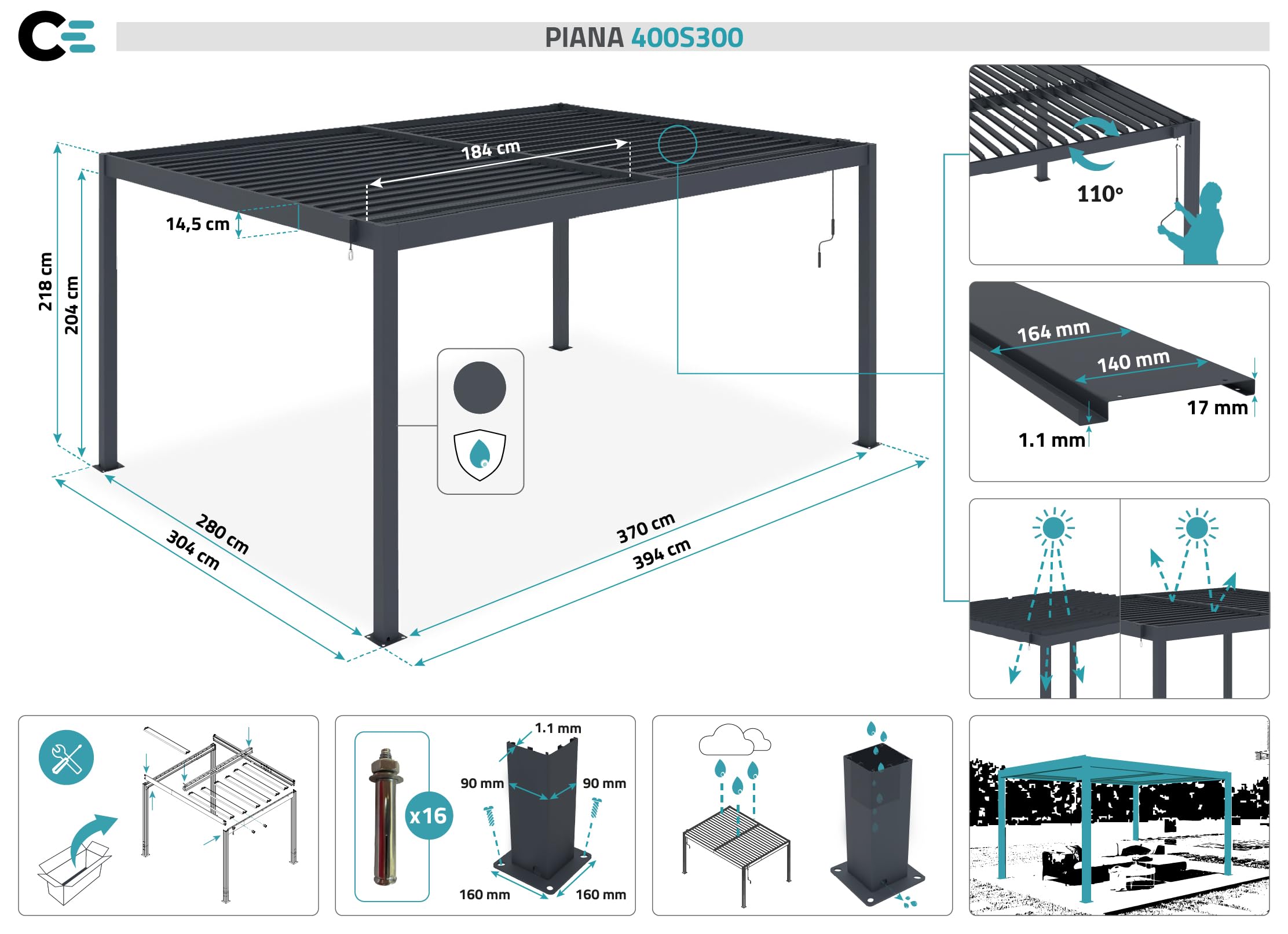 CAZEBOO Bioklimatische Pergola Piana 4x3m 12m² Anthrazitgrau Aluminium Freistehend - Pergola Garten mit Verstellbaren Lamellen 110° - Wetterfeste Terrassenüberdachung Stabil Windresistent