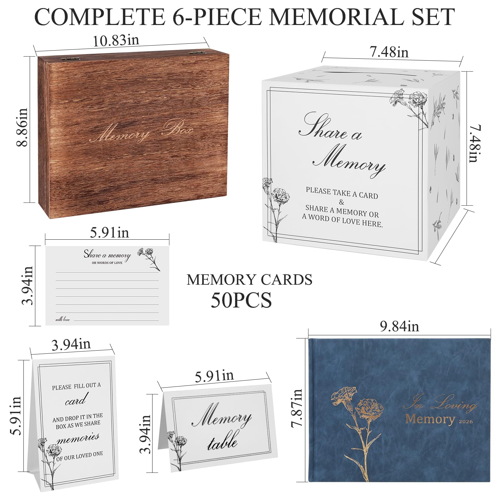 Juego de libro de invitados funerario con caja de recuerdos de madera, incluye 50 tarjetas de memoria en blanco, tarjeta de mesa de memoria, tarjeta de instrucciones, caja de tarjetas y libro de