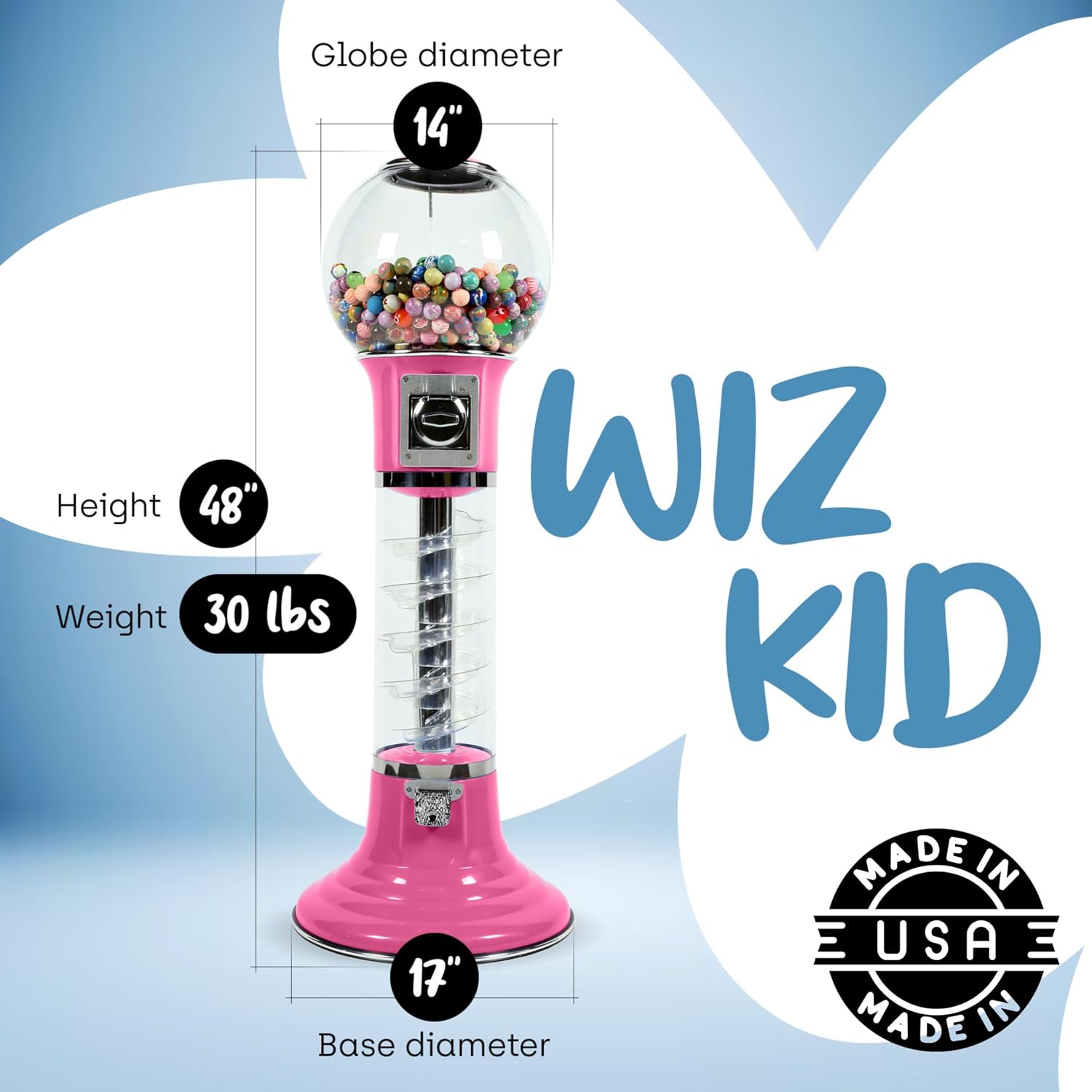 Gumball Machine with Stand - 4 FT Commercial Spiral Bubble Gum Machine - Coin Mechanism for $0.25 Dispenses 1” Capsules & Bouncy Balls- Vending Machines for Kids (Pink)