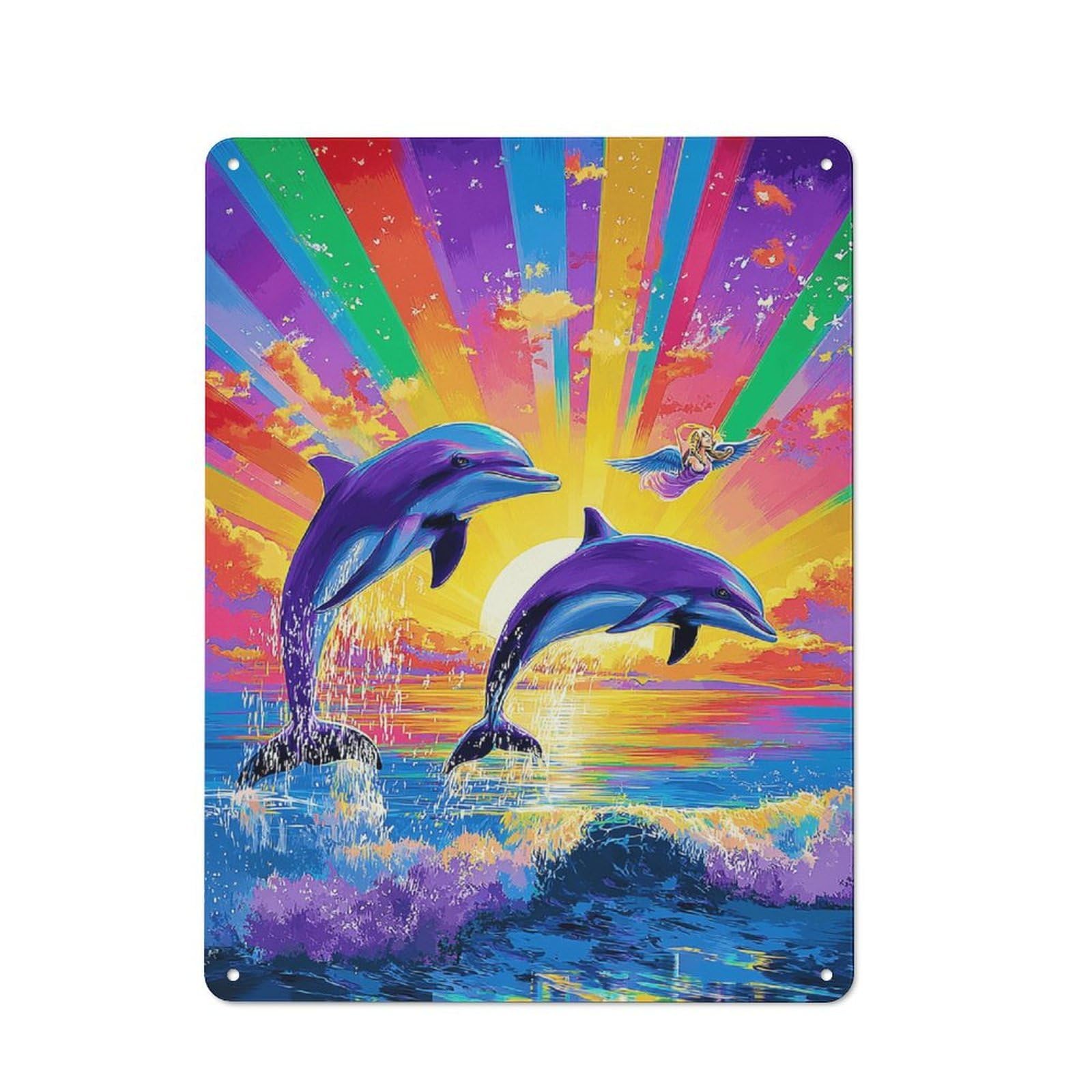 Junmoney Dolphins Leaping In Rainbow Sunset Retro Metal Sign 40X30cm For Lounge Or Reading Corner, For An Autumn Wall Display In Lounge And Reading Corner
