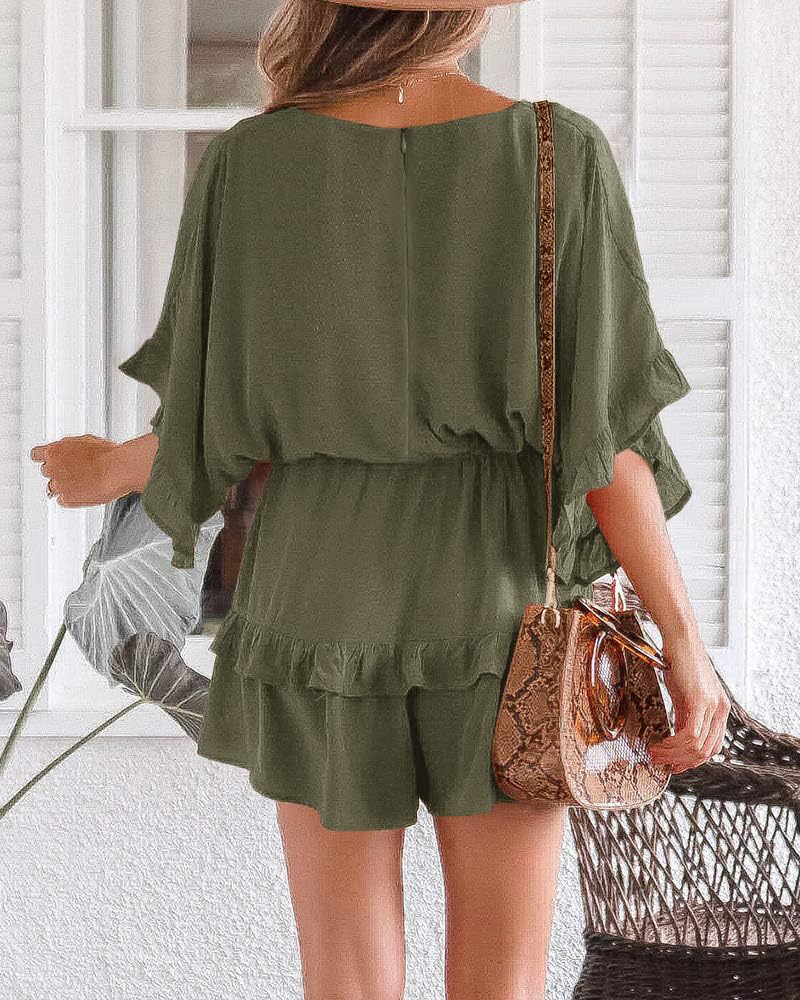 Imily Bela Damen Jumpsuit V Ausschnitt Fledermausärmel Strandkleid mit Kordelzug Sommer Lose Romper