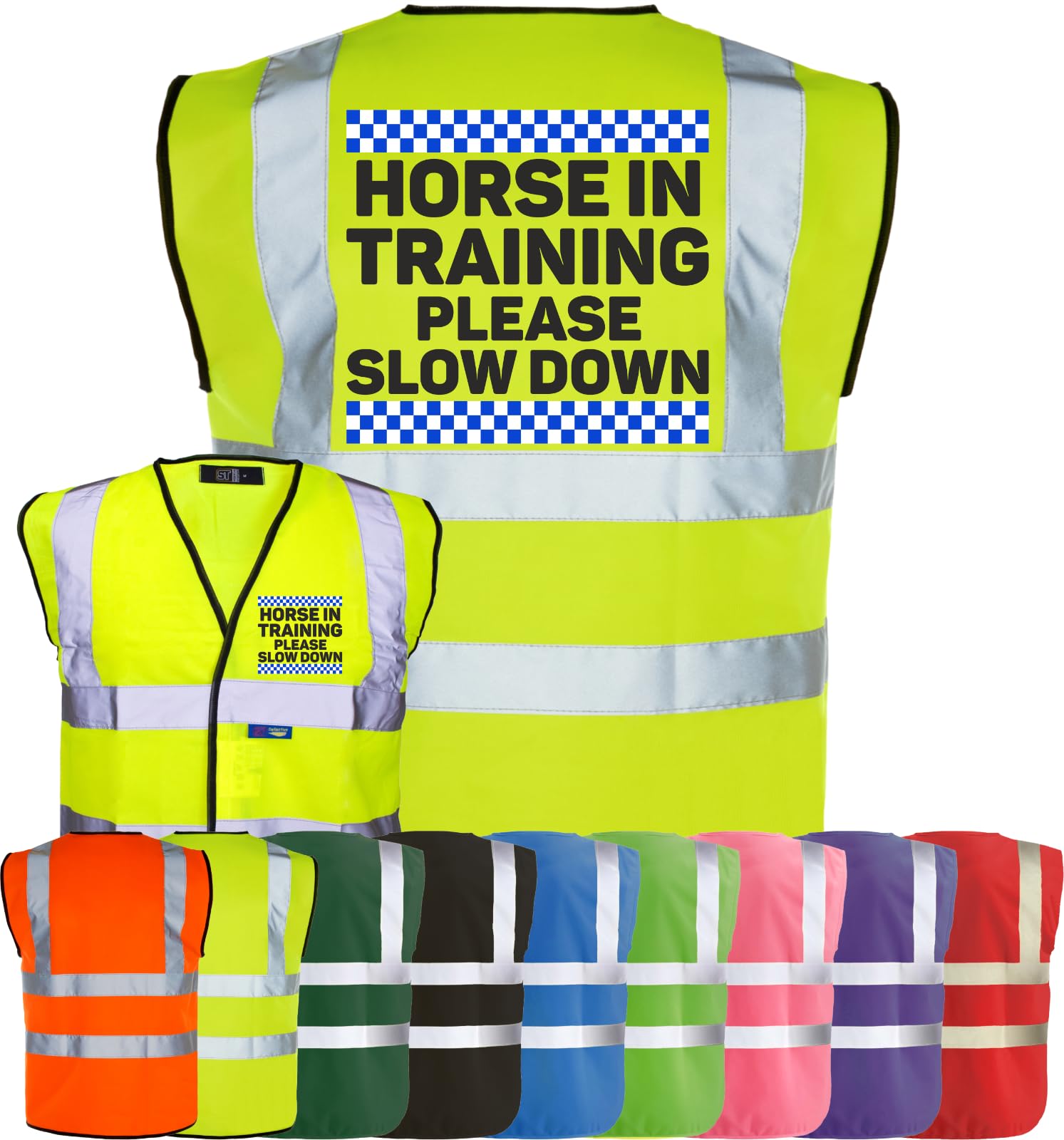 Corporate Togs HORSE IN TRAINING SLOW DOWN Equine Hi-Vis Vest - Equestrian Safety Waistcoat Tabard, Fully EN471 and Fastening Vest | Personal Protective Equipment