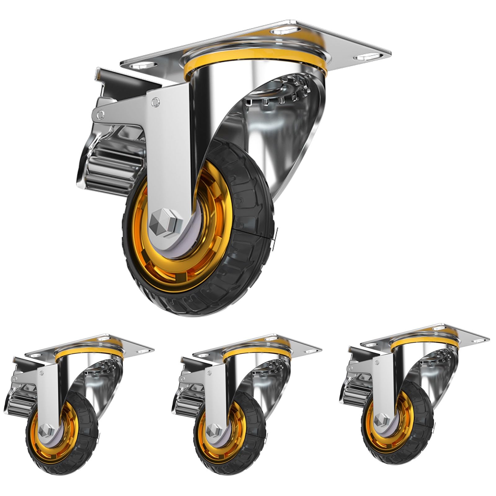 Ruote Girevoli con Carico Pesante, Pivottanti per Mobili In Gomma Piccola, Mobiletti Ruote Girevoli, Ruote Piroettanti per Carrello Degli Attrezzi Pallet, per Carrelli ( Color : 4 caster (with brake)