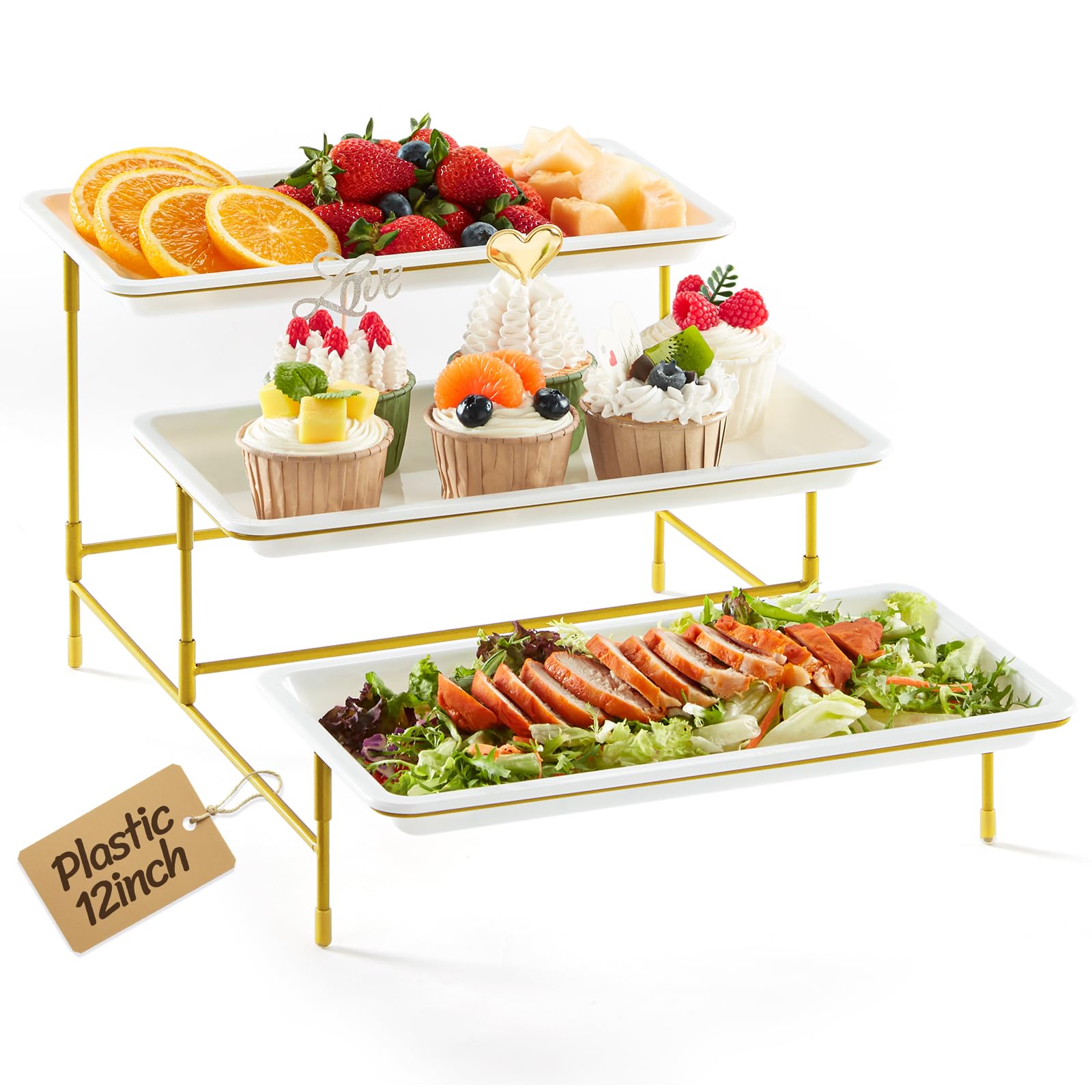 Lifewit Plastic 3 Tier Serving Tray for Party Supplies, 12" x 6.5" Crack-Proof Platters for Serving Food, White Reusable Trays with Gold Metal Display Stand for Veggie, Fruit, Cookies, Dessert