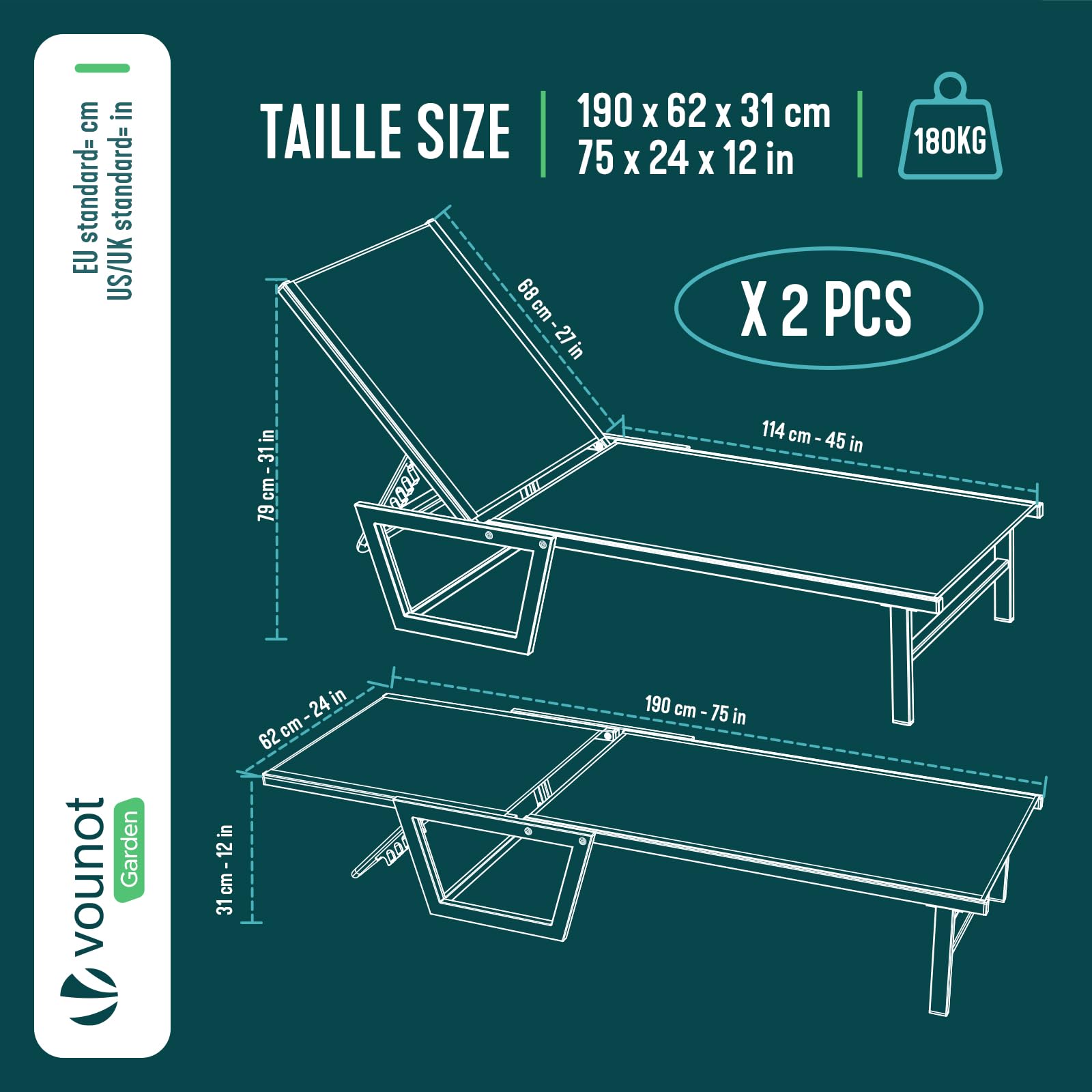 vounot® Lot de 2 Bain de Soleil en Textilène Structure en Aluminium Inclinable Chaise Longue 5 Positions Transat Charge Max 180KG pour Jardin Terrasse Piscine Plage Camping Gris