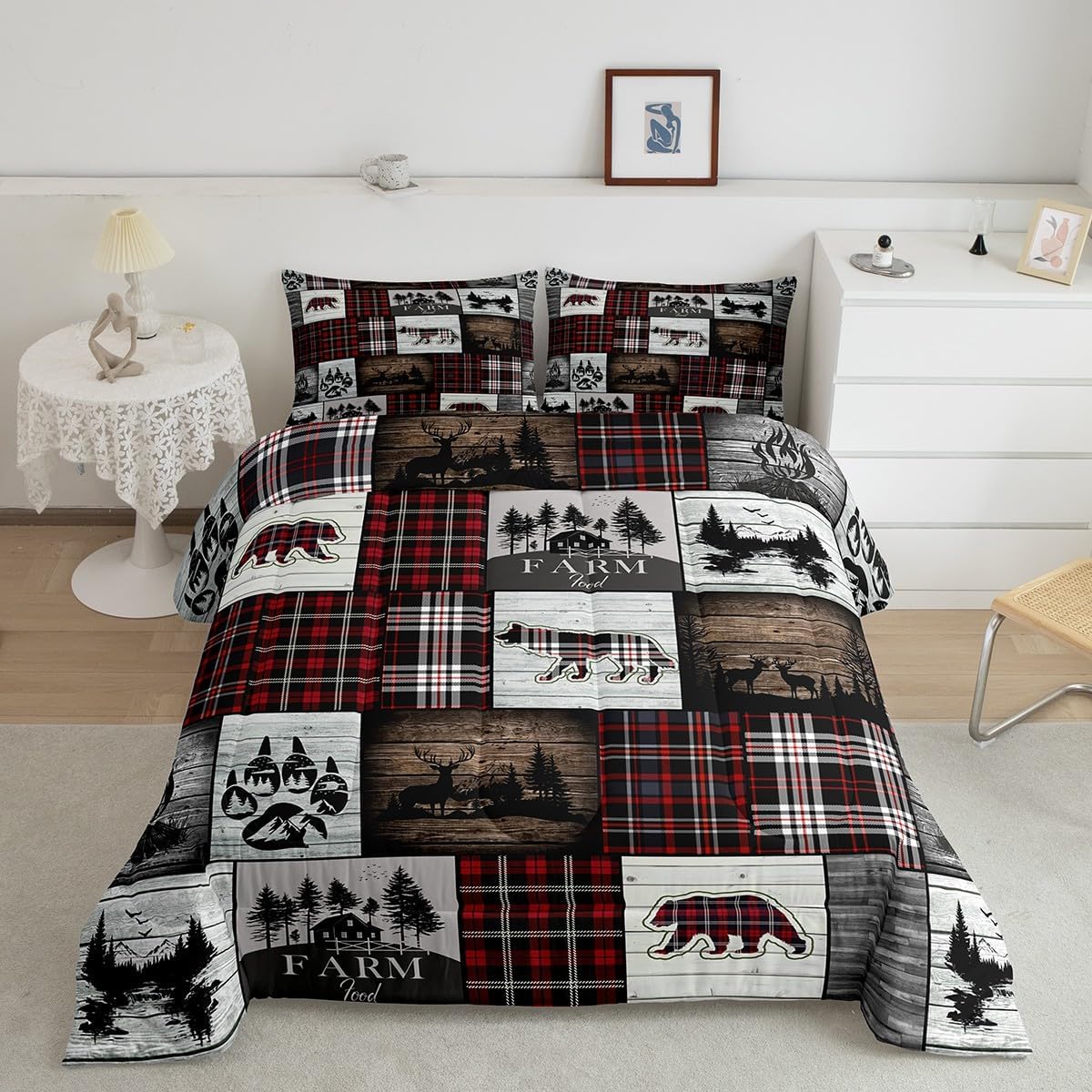 Bear Comforter for Teens Boys Girls Buffalo Plaid Check Bedding Sets for Cabin Camping Wild Farm Animal Elk Deer Duvet Insert Red Christmas Stripes Patchwork Quilt Hunting Theme Quilted Duvet,Full