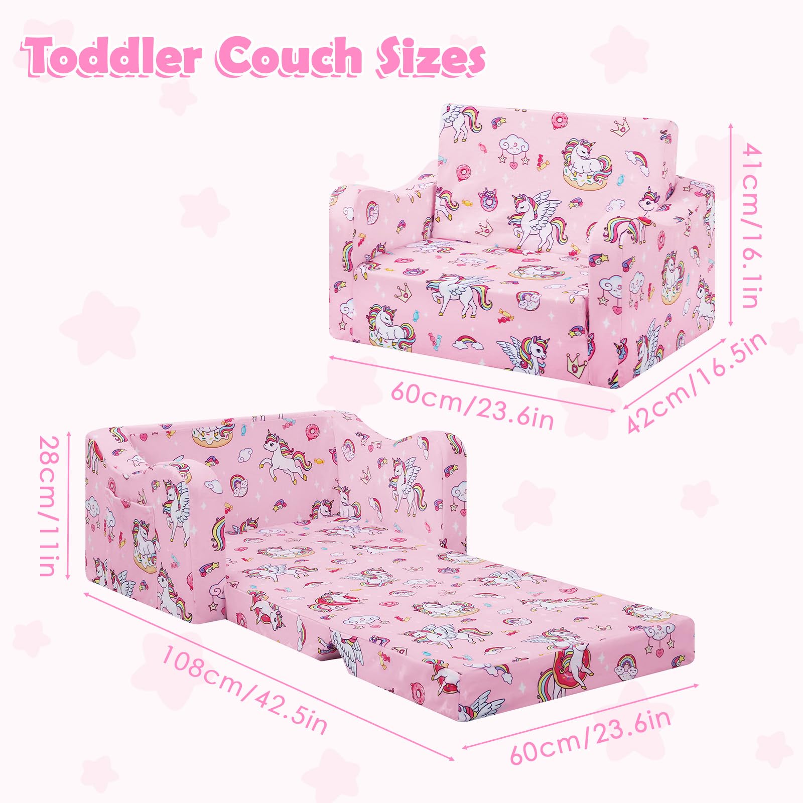 Convertible Canapé pour Enfants, Pliant Sofa Bed 2 en 1 pour Filles et Garçons, Petit Canapé Lit Stable pour Chambre Coin Lecture Salon,Rose Licornes Bonbons