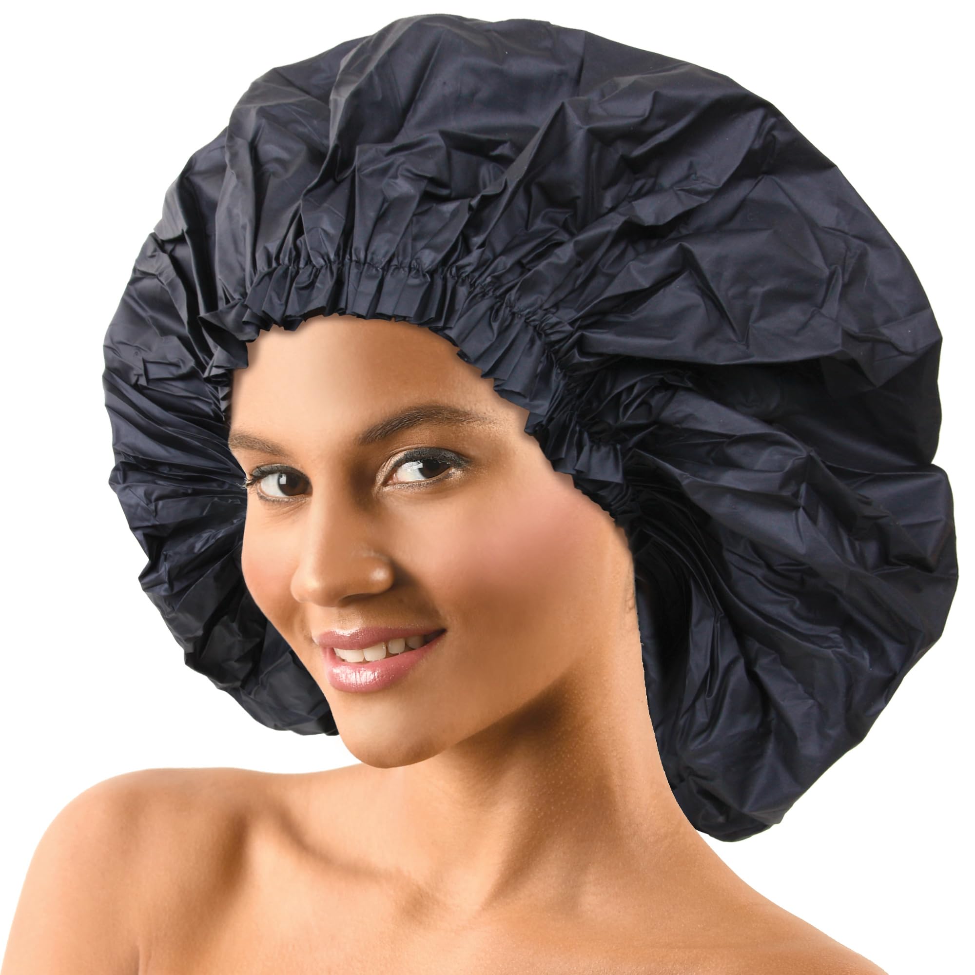DONNA Super Jumbo Shower Cap – Comfortable Elastic Band, 100% Waterproof Hair Cap for Long Hair, Braids & Thick Styles, Reusable Big Shower Cap for Women, Keeps Hair Dry & Protected, Black