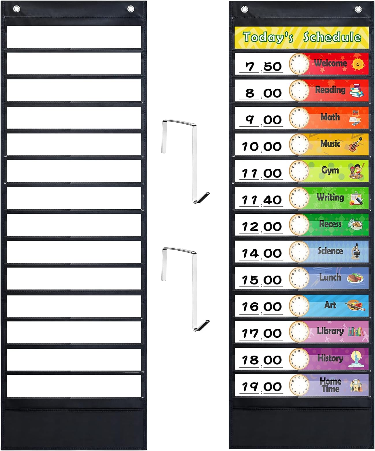 AMIAEDU Daily Schedule Pocket Chart, Classroom Schedule Pocket Chart with 28 Reusable Dry-Eraser Cards (14 Color+14 Blank), Schedule Pocket Chart for School Office Home Preschool Activities, Black