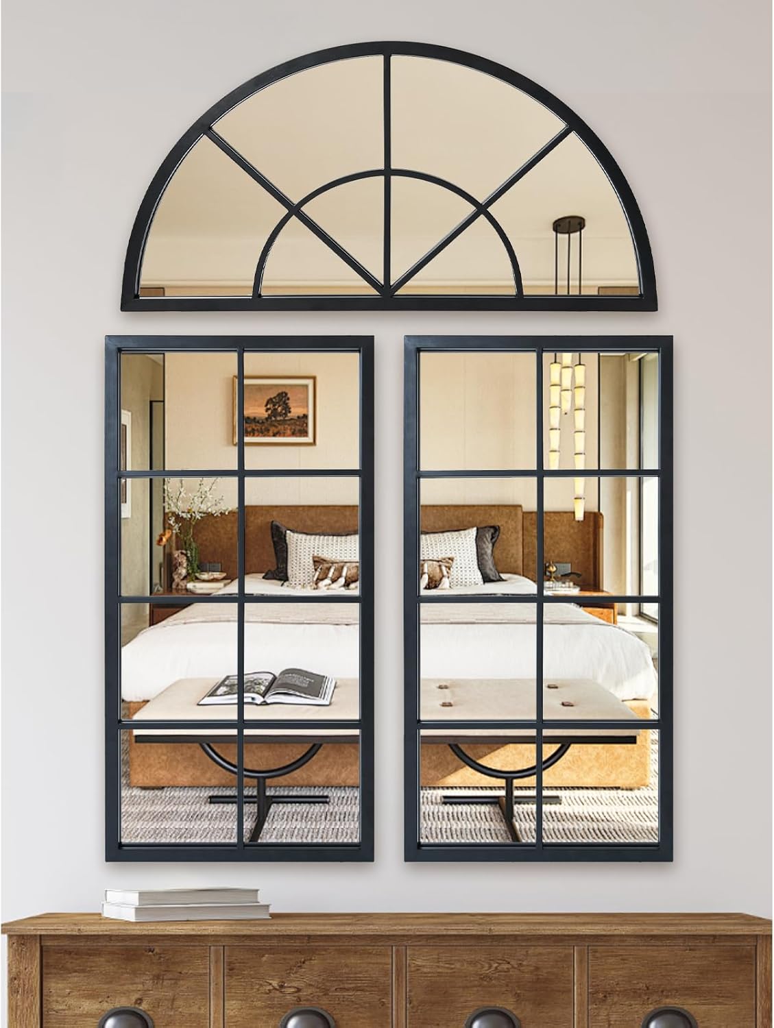 Arched Window Pane Wall Mirrors Set of 3, 47.24×31.5″ DIY Window-Shaped Decorative Art Mirror, Black Metal Windowpane Mirror for Light up Bedroom, Dining Room, Entrance, Living Room Decor