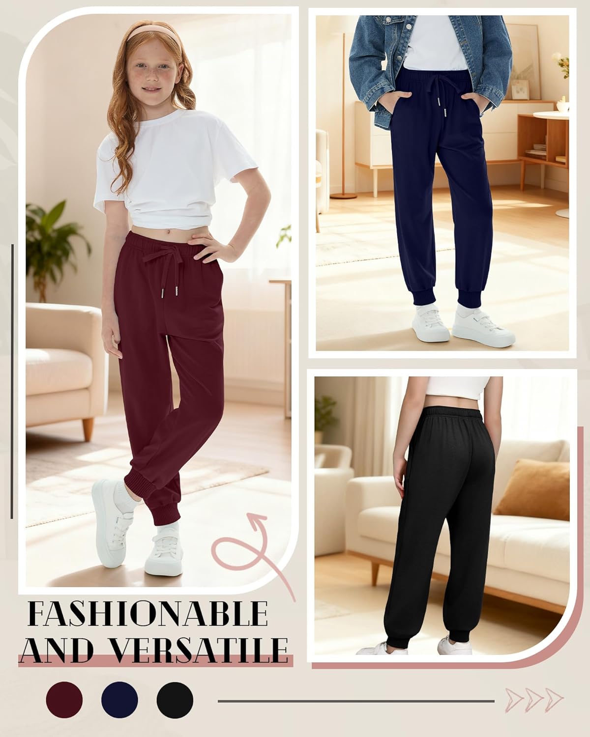 3 Pack Joggers for Girls Kids Sweatpants Ribbed Cuff Elastic Waist Drawstring Fall Casual Teen Pants with Pockets(Wine Red, Navy Blue, Black,XX-Large)