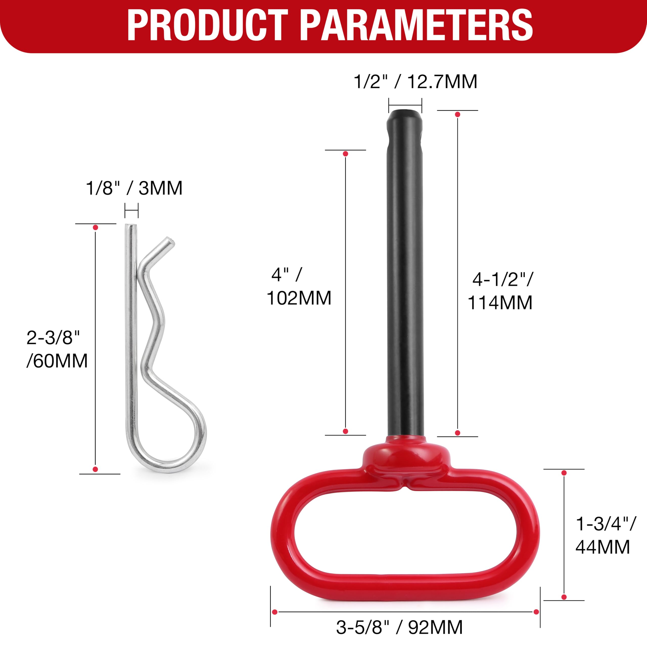 Trailer Hitch Locking Pin – 5/8 X 6 Inch With Red Handle & R-Clip, Heavy-Duty Steel For RV, Truck, Boat, Tractor & Riding Mower Towing