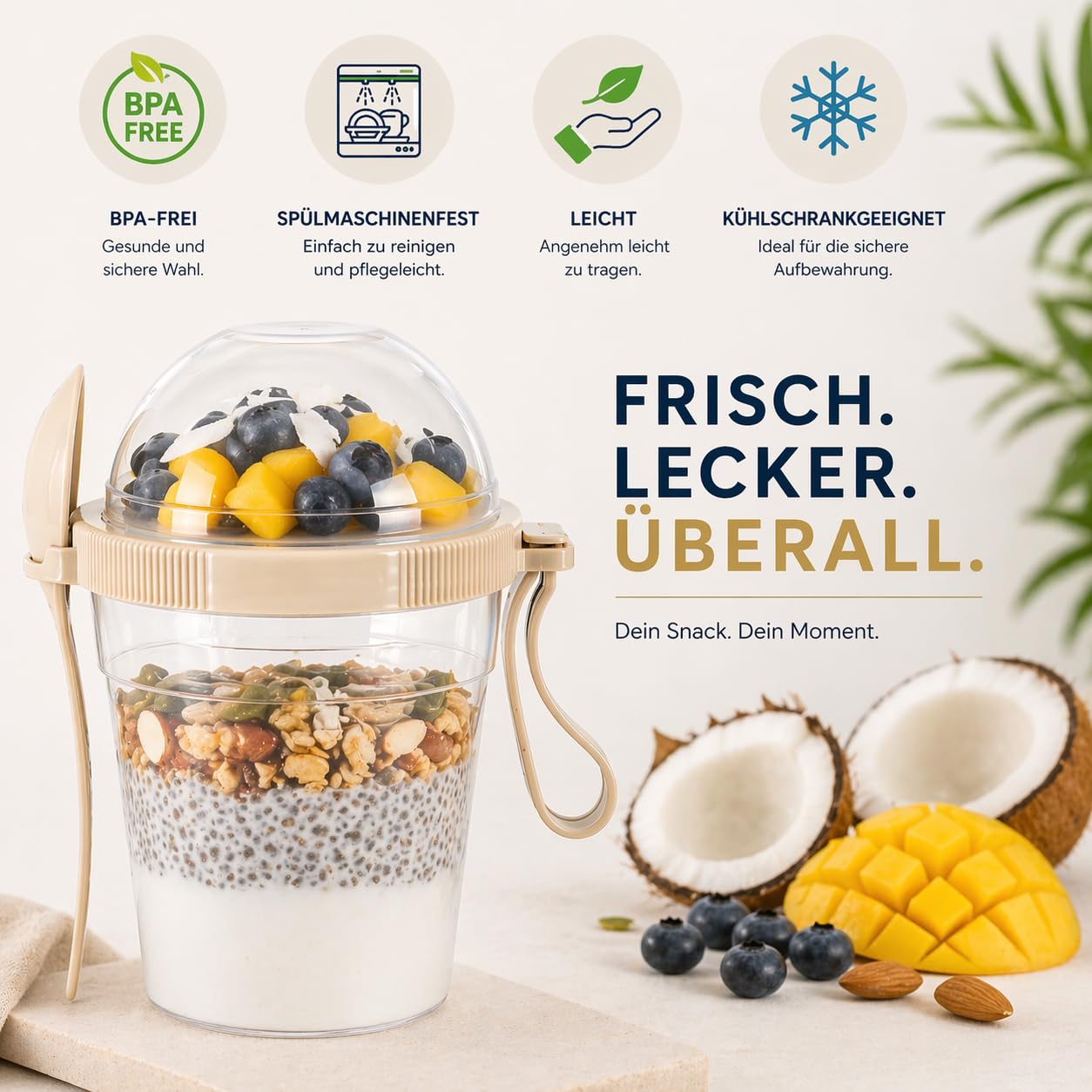 Set di 4 bicchieri per cereali, pratici bicchieri per yogurt da go, suddivisori per yogurt e cereali, corn flakes to Go,%100 senza BPA, perfetti per scuola e ufficio, contenitore per frutta, con