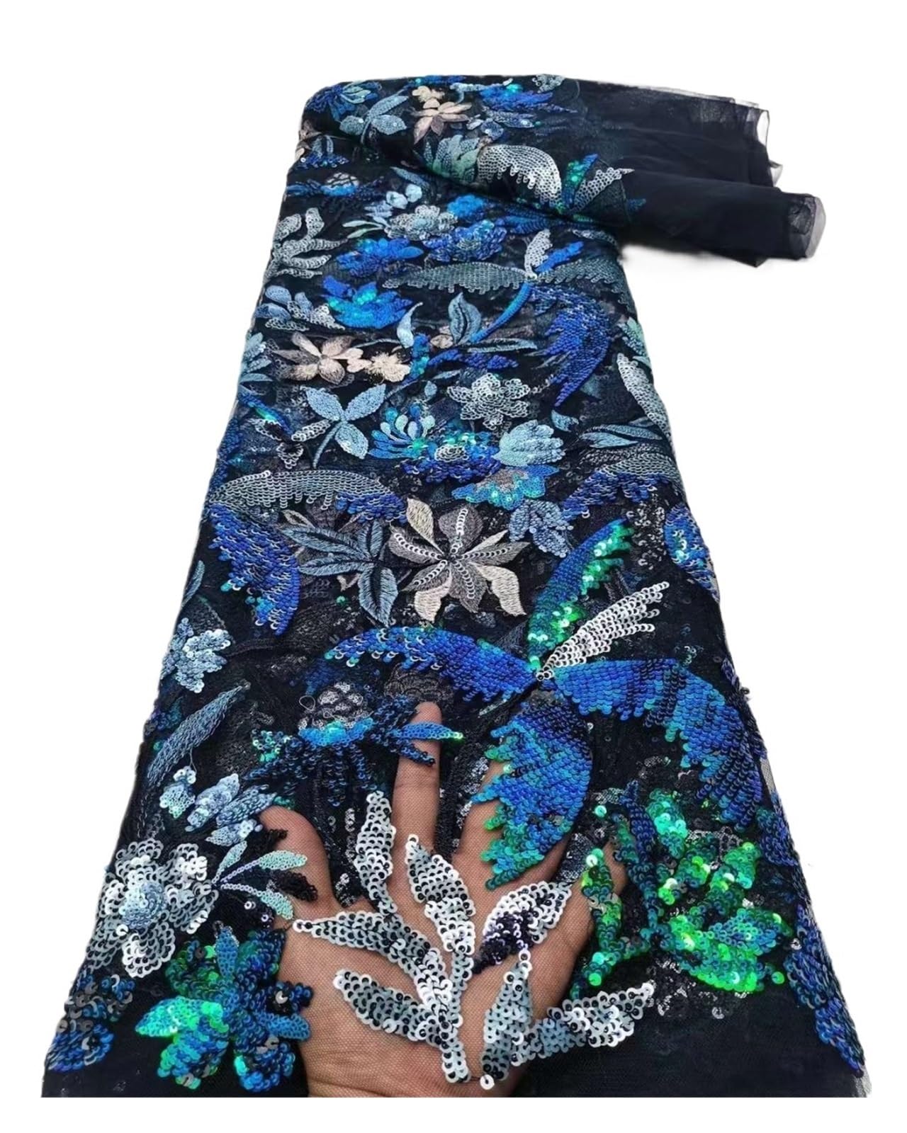 Tela De Encaje Con Cuentas 5 Yardas, Flores Lentejuelas Y Pesadas, Bordada, For Vestido Noche, Ropa, Novia(5)