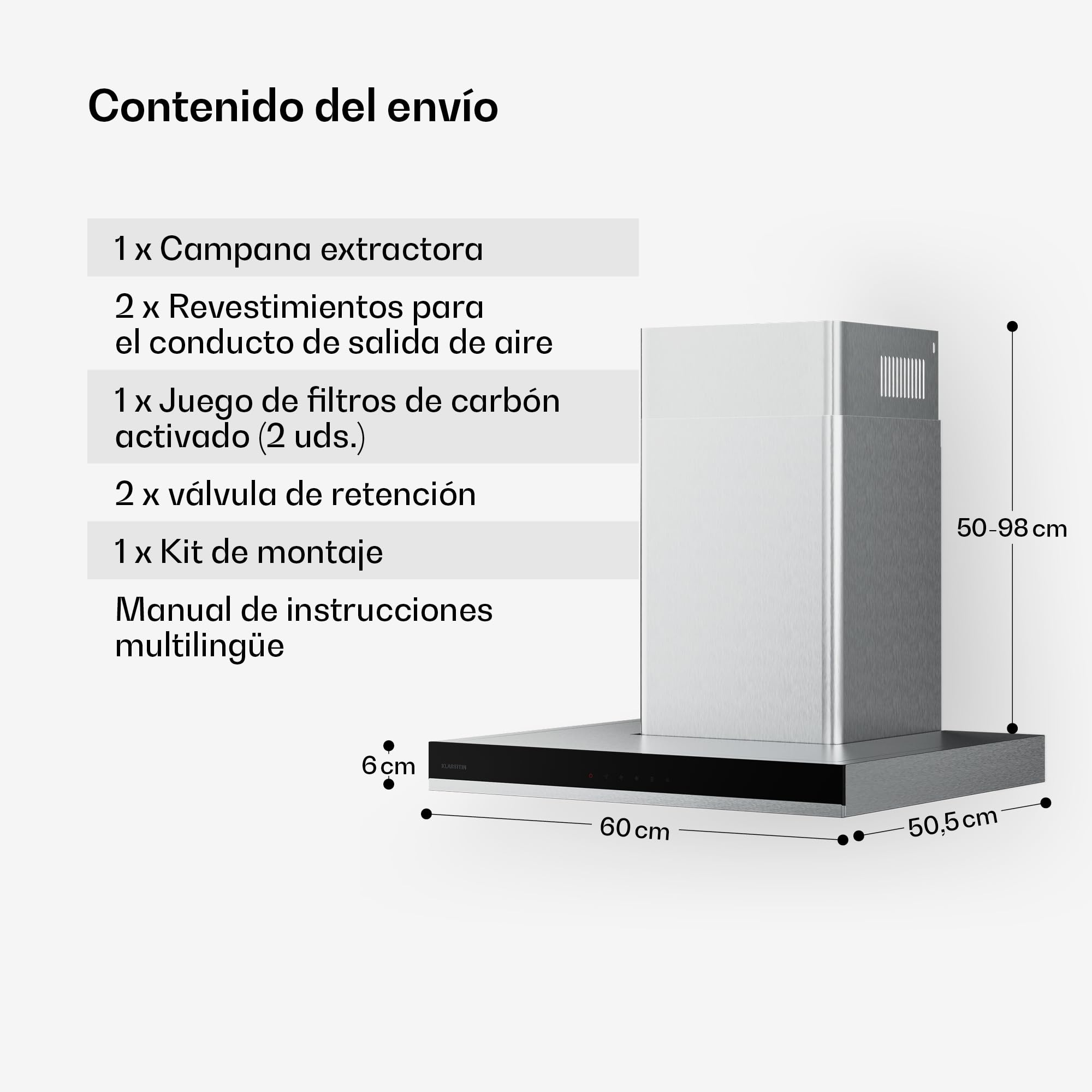 Klarstein Verosteel Campana Extractora 60 cm - 881,6 m³/h, A++, LED, 3 Velocidades + Boost, Filtros Lavavajillas & Carbón, Acero Inoxidable, Táctil, Silenciosa, Cocina