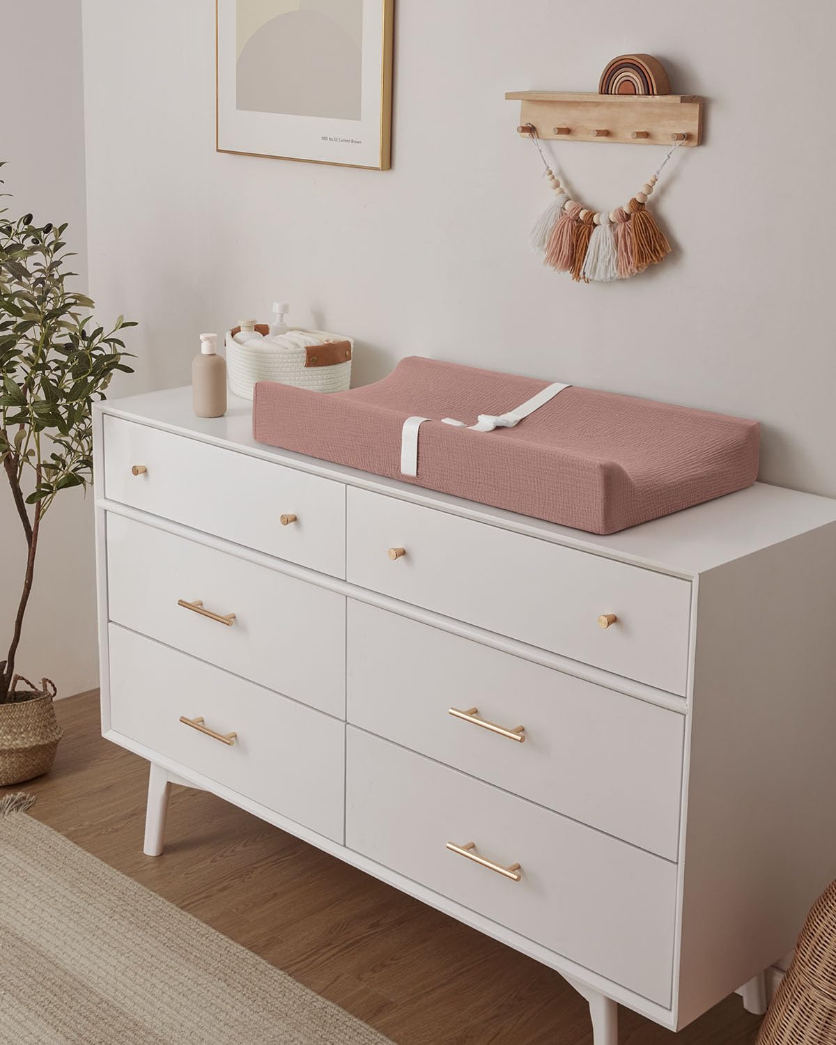 Blissful Diary Matelas à langer en mousseline avec doublure imperméable en mousse, tapis à langer avec housse pour commode (rose poudré, rectangulaire)