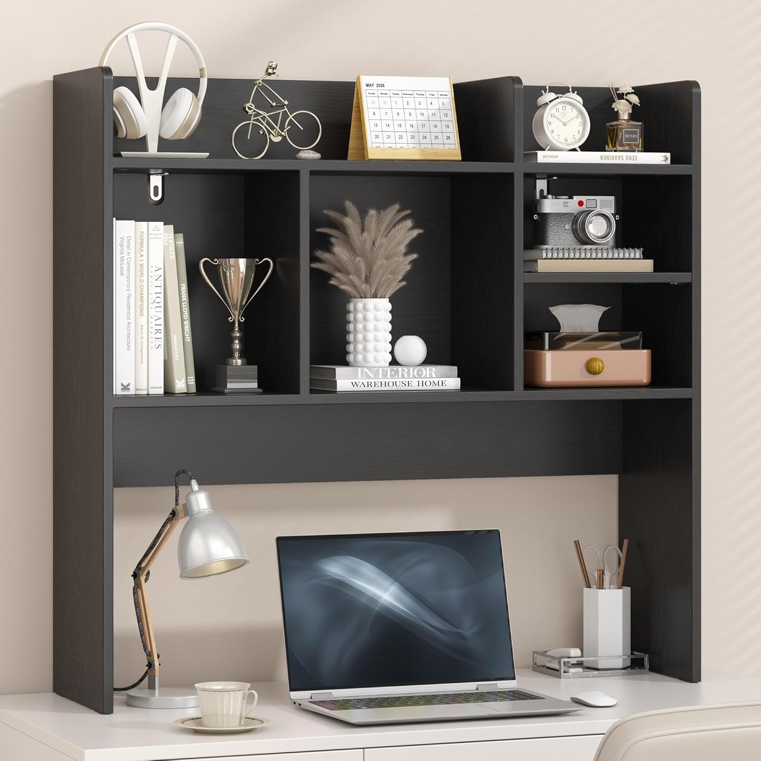 Desk Hutch with 6 Shelves, Desktop Bookshelf Organizer & Hutch Top for Desk, Over Desk Storage Shelf for Office, Home, Dorm | Space-Saving Design (Black)