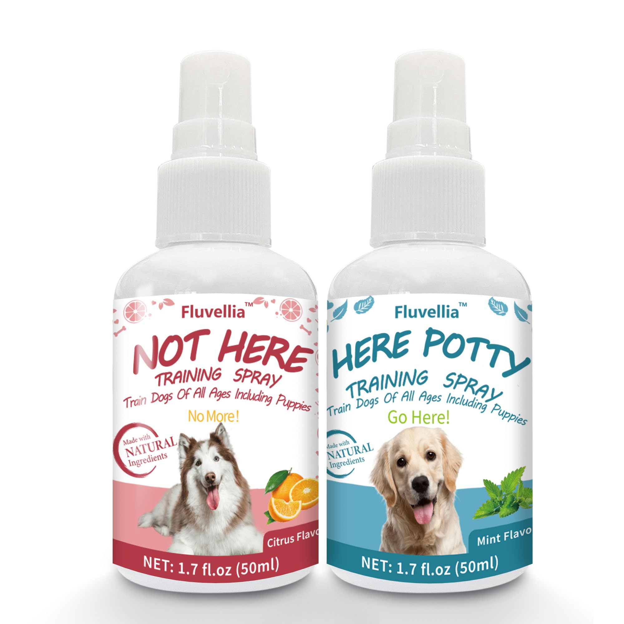 Lot de 2 sprays d'entraînement pour chien Not Here et Here Potty - Ingrédients naturels - 2 flacons pulvérisateurs de 50 ml - Pour chiots et chiens adultes - Arôme d'agrumes et de menthe