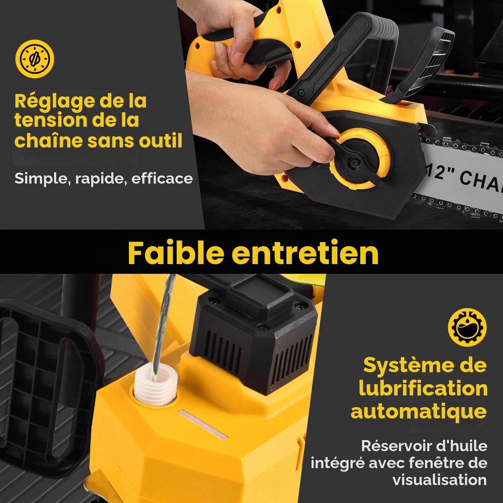 Tronçonneuse sans fil de 30 cm compatible avec batterie Dewalt 20 V, scie à chaîne manuelle sans balais de 30 cm, scies électriques avec 2 chaînes, huileur automatique et tension de chaîne, outil de