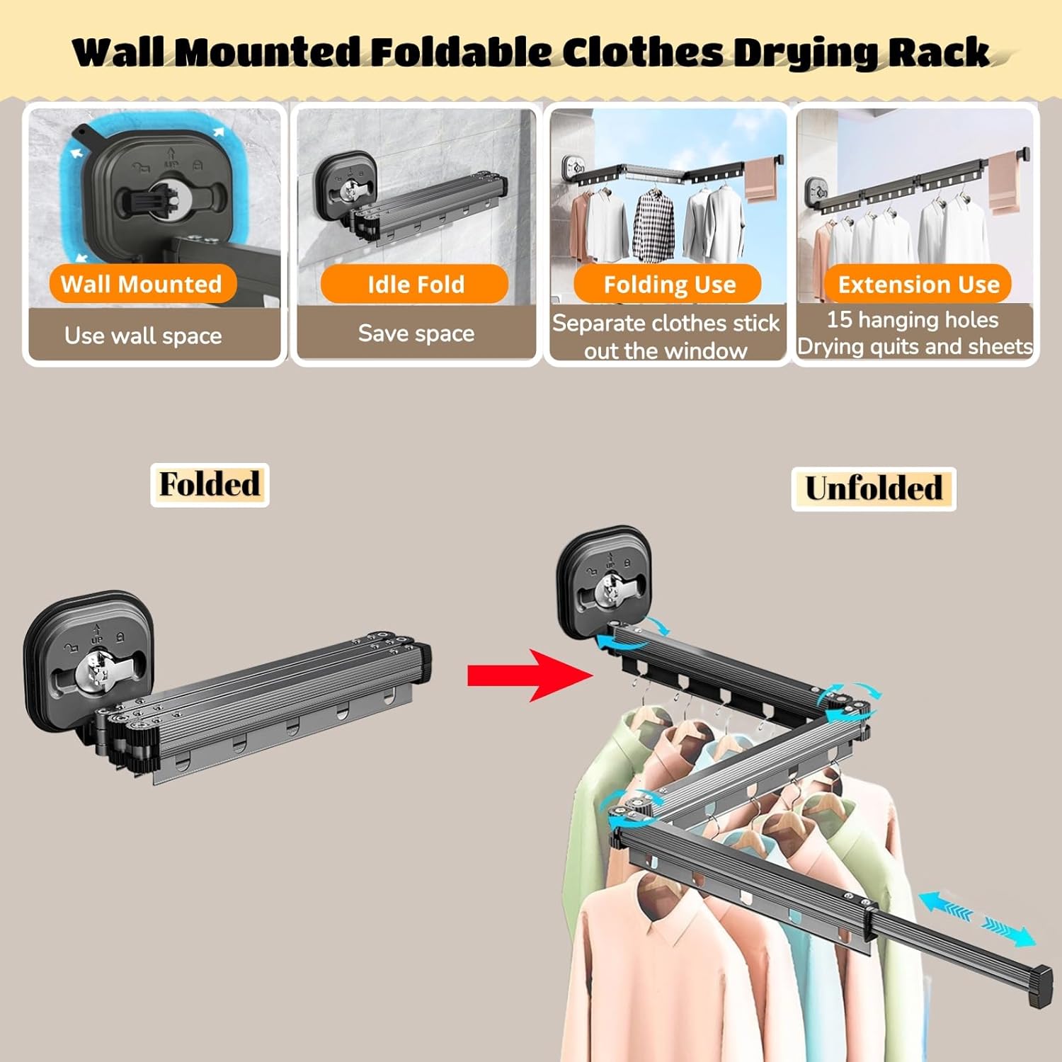 Qivine Wall Mounted Clothes Drying Rack, Retractable Laundry Drying Rack Collapsible Suction Cup Clothes Drying Rack Retractable for Laundry, Balcony, Bedroom (Tri-Fold)