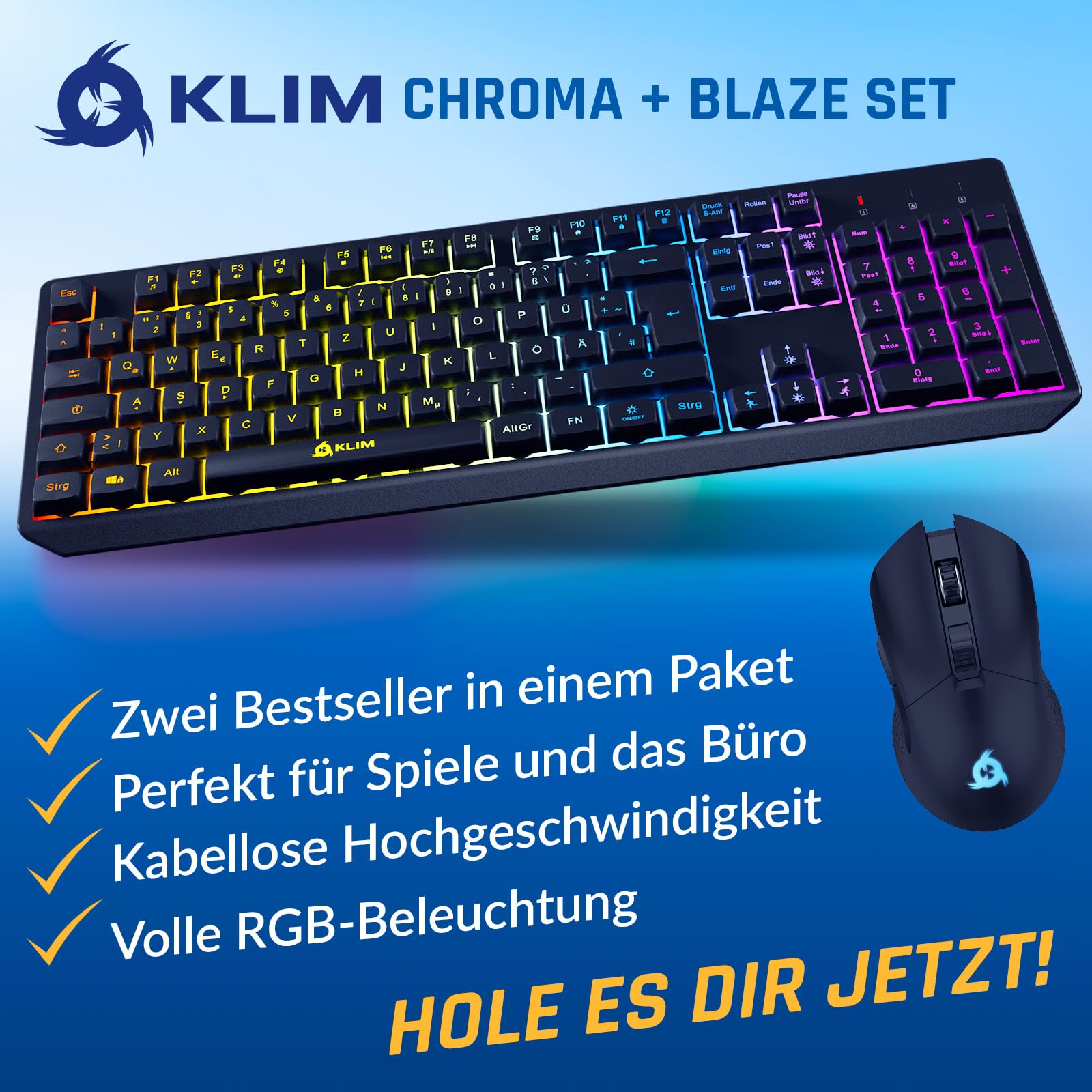 KLIM Blaze & Chroma - Set tastiera senza fili QWERTZ piatto, ergonomico, tastiera per mouse per PC, batteria integrata e durevole