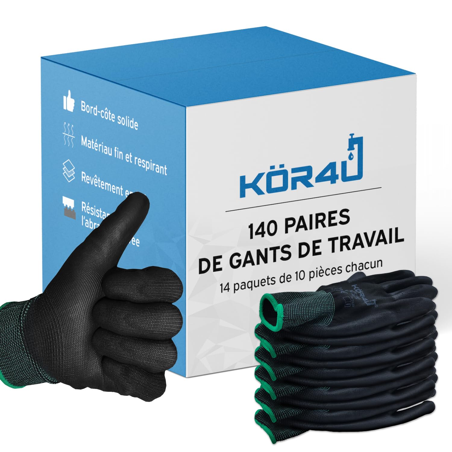 kör4u Lot de 140 paires de gants de travail respirants et revêtus pour la protection, gants de jardinage pour femme et mécanicien, avec revêtement PU de haute qualité, fins et légers