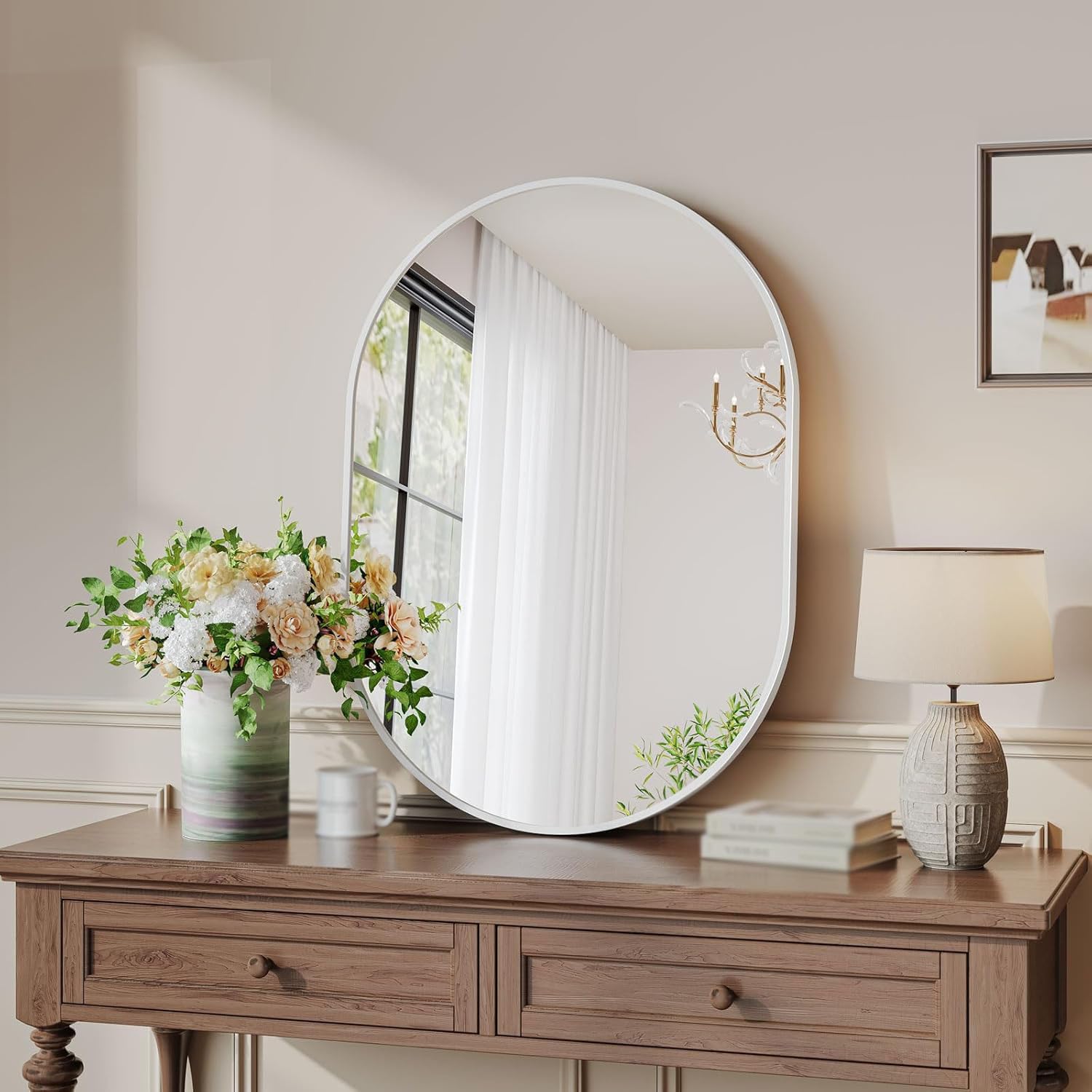 BKSXSOP Wall mounted oval mirror, horizontal/vertical makeup shaving bathroom aluminum frame decorative dressing table hanging mirror for living room, bedroom, corridor