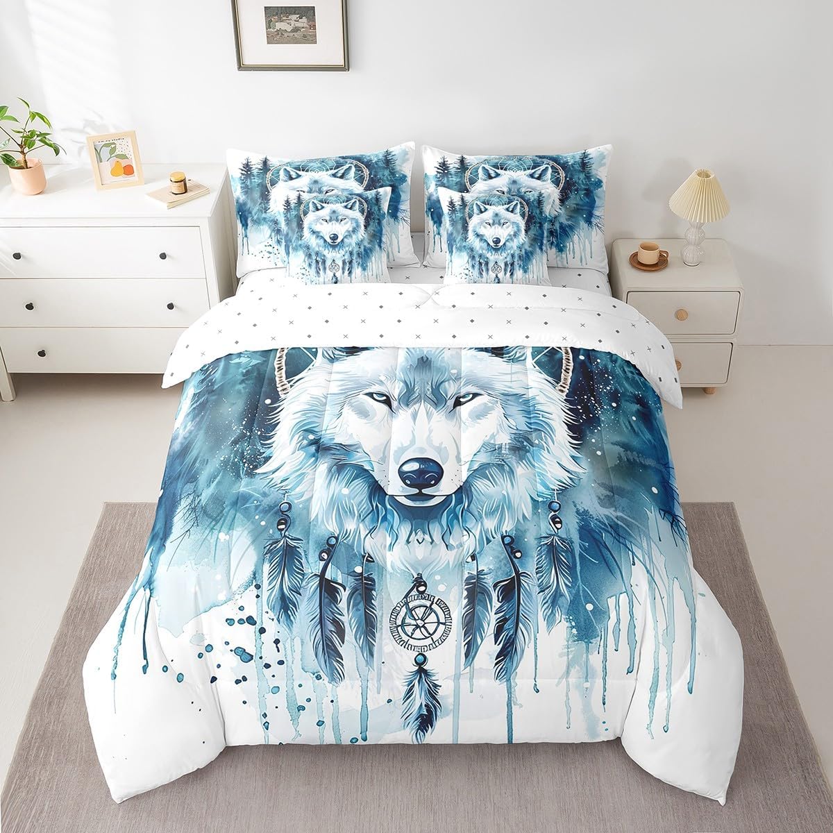 Feelyou Wolf Comforter Set 7 Pieces King Size Safari Animal Wildlife Bedding Set for Kids Adults Western Dreamcatcher Bed in a Bag,Comforter + Sheets + Pillowcases + Cushion Covers