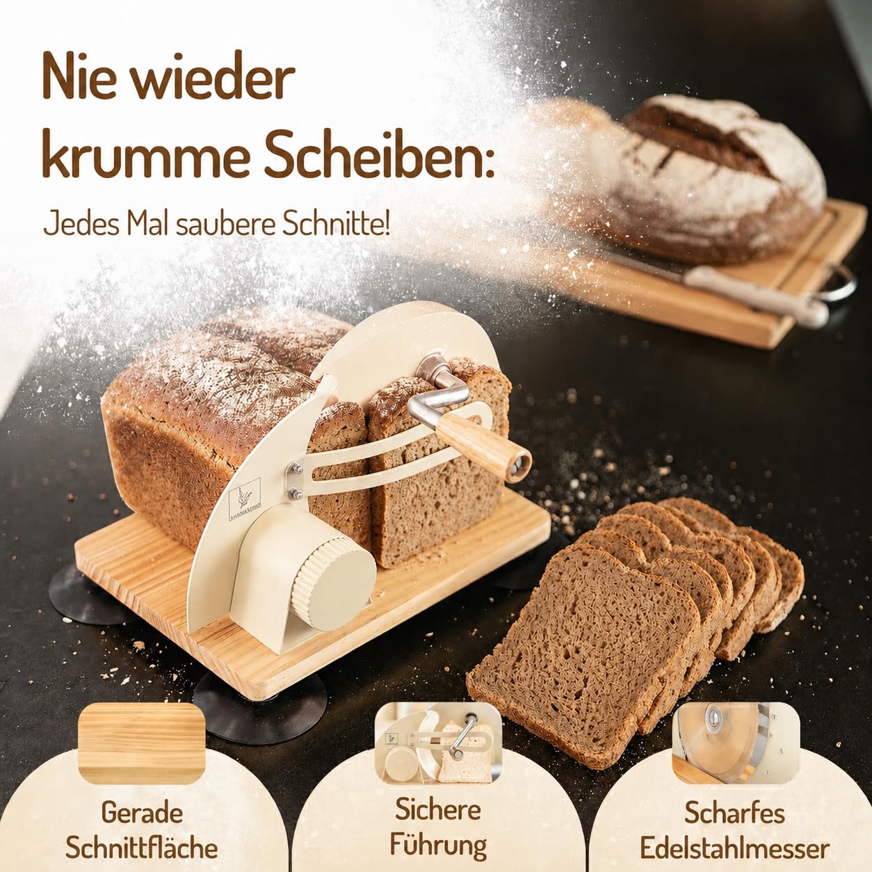 Brotschneidemaschine manuell – Hochwertiger Edelstahl Allesschneider mit Kurbel & Holzbrett | Präziser Schnitt, Retro-Design, rutschfeste Saugfüße für Brotliebhaber | Beige
