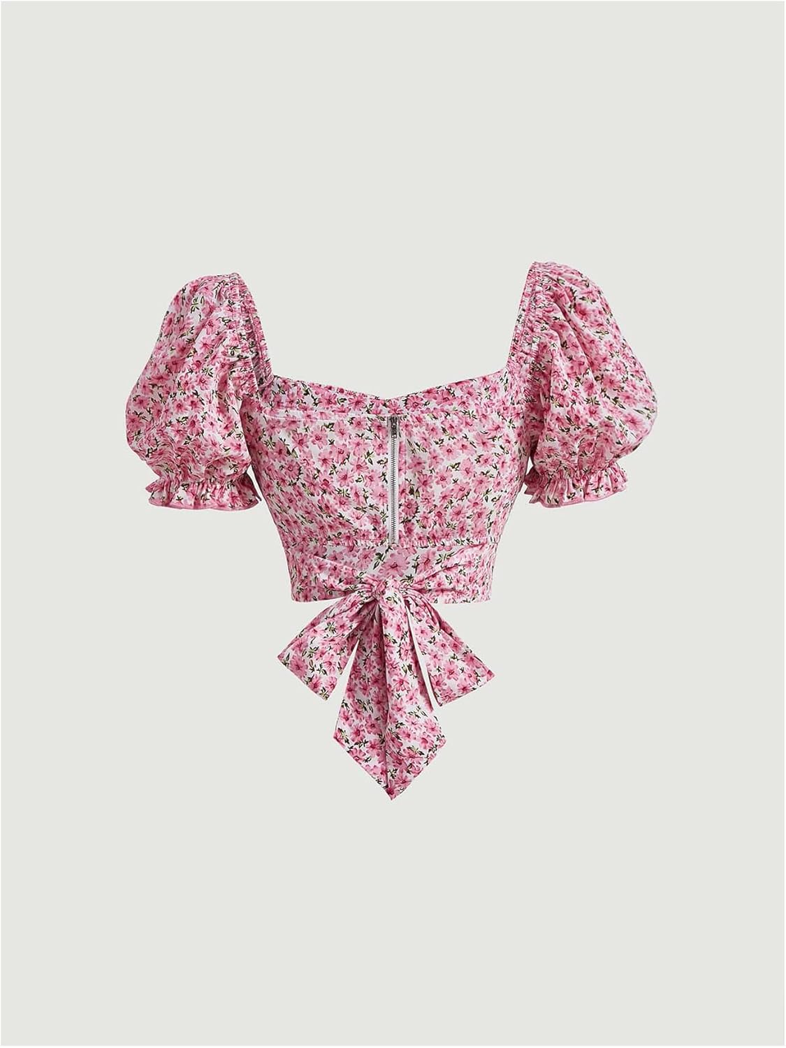 WDIRARA Women's Floral Print Puff Short Sleeve Crop Blouse Summer Boho Sweetheart Neck Zipper Back Top - Image 2