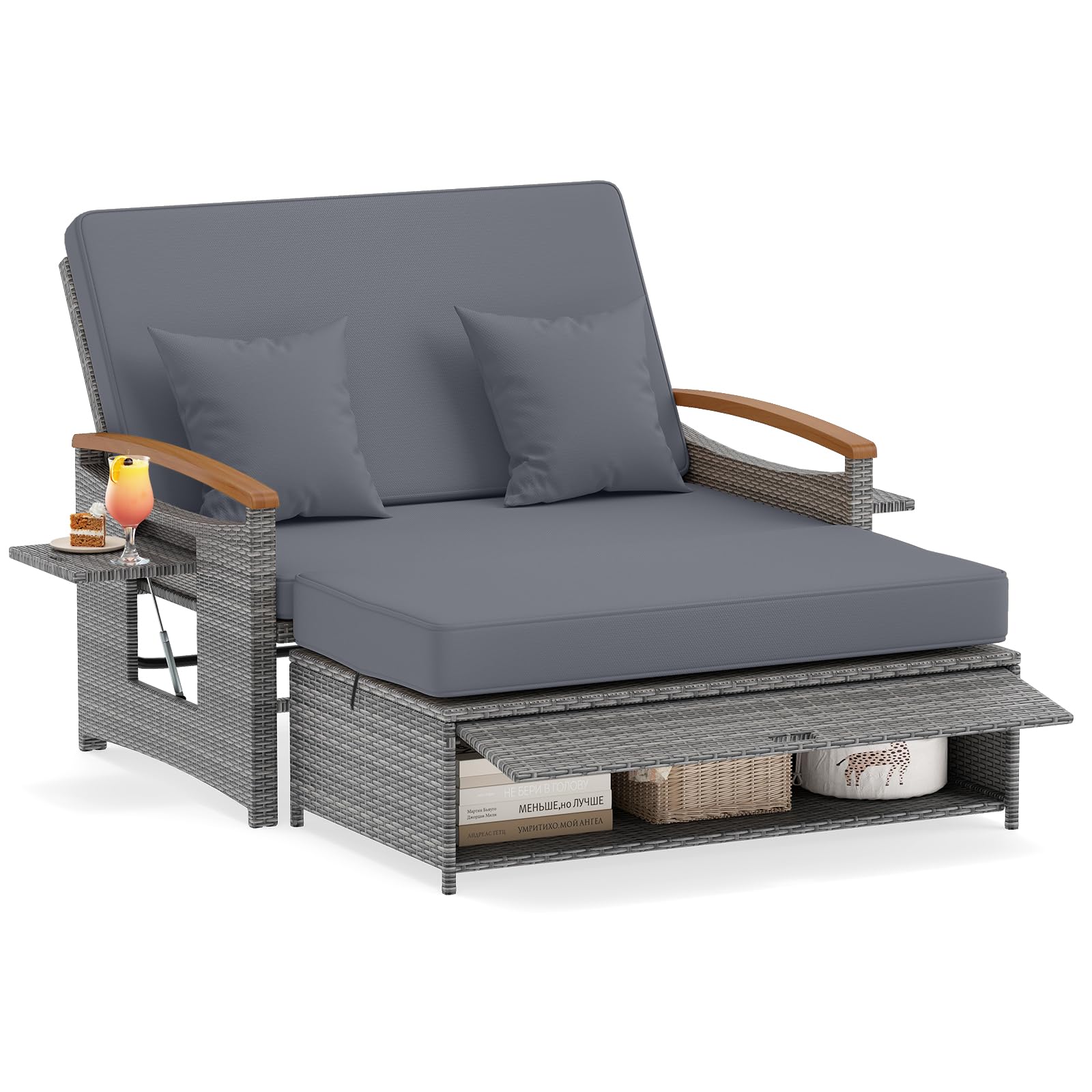 COSTWAY Polyrattan Sonnenliege, Gartenliege mit Verstellbarer Rückenlehne & ausklappbarem Seitenablage, Loungebett, Doppelliege mit Auflage, Gartensofa mit Hocker für Garten, Balkon