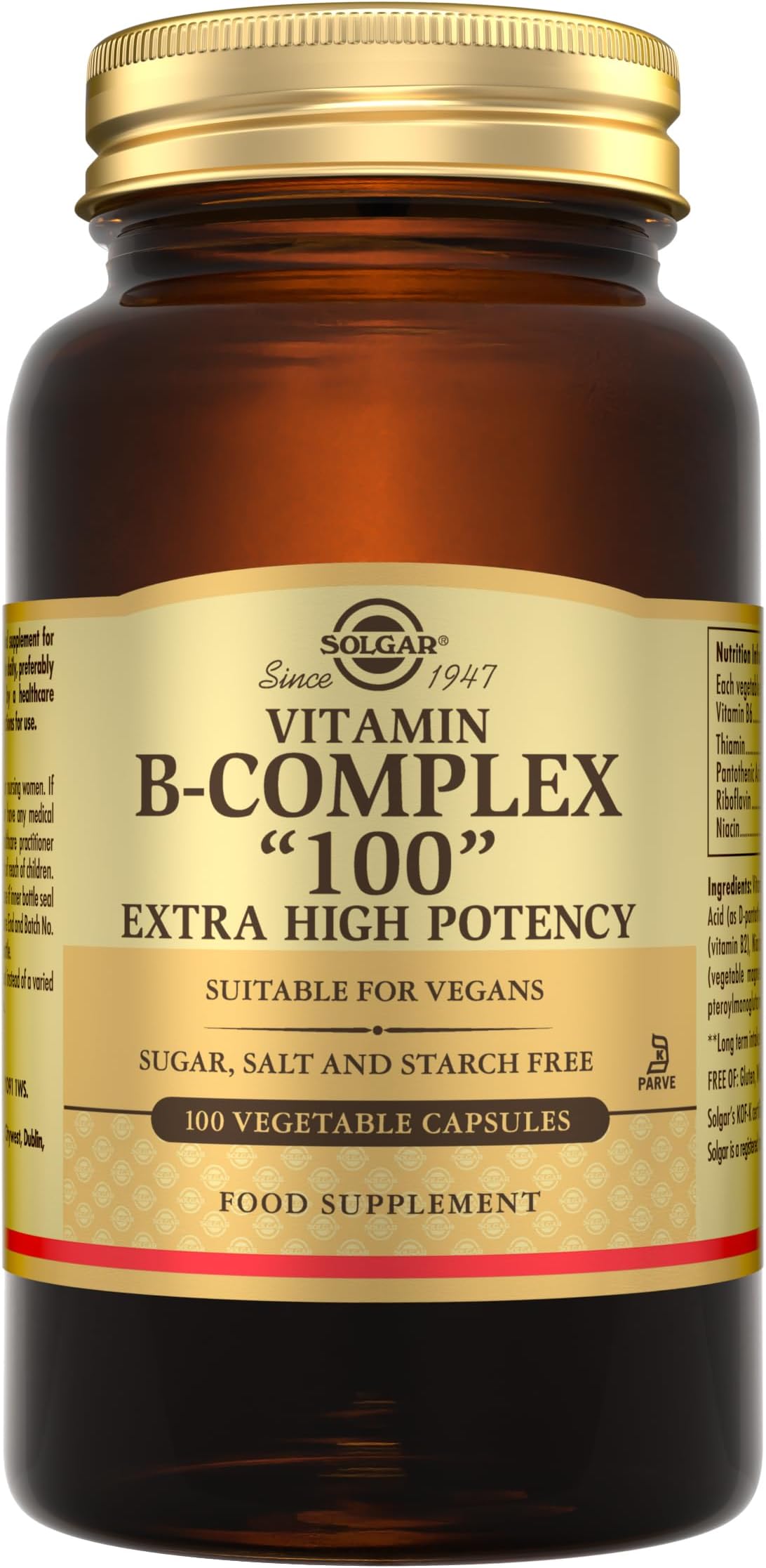 Vitamin B-Complex "100" Extra High Potency Vegetable Capsules - Pack of 100 - Supports Mental Performance and Reduces Fatigue - Vegan
