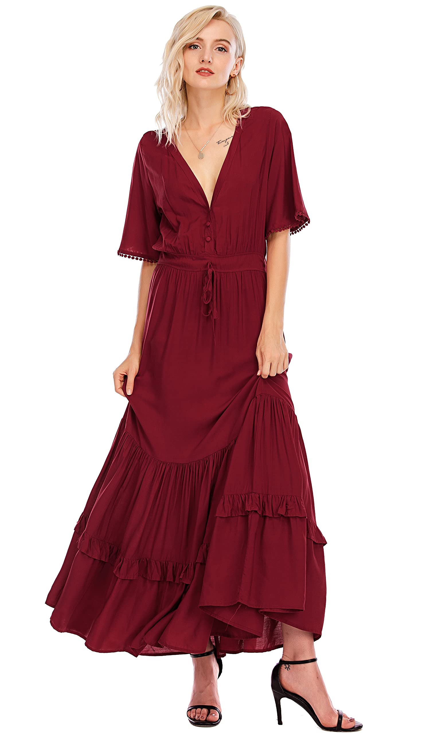 R.Vivimos Abito Boho Estivo Donna Abito Sexy Scollo a V Bottoni Manica Corta Vestito Elegante con Volant Orlo Abito Lungo Maxi da Spiaggia Casual per Le Vacanze(S,Vino Rosso)