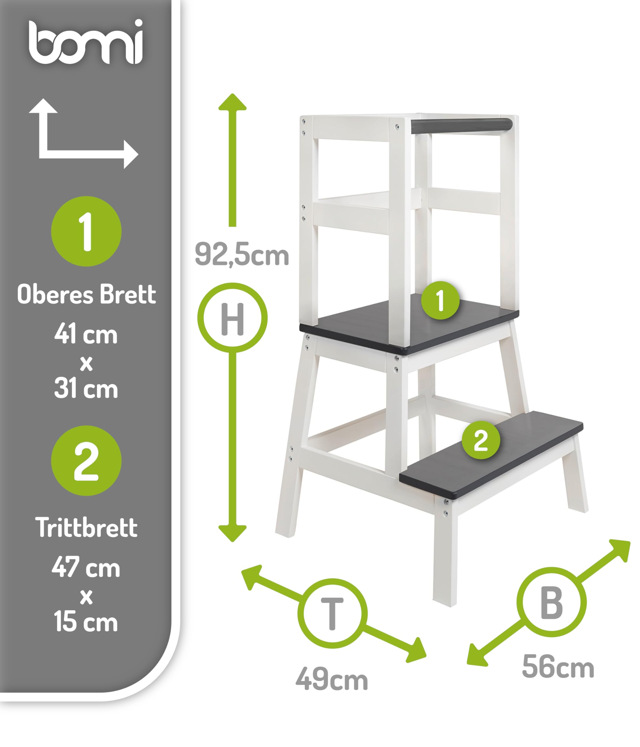 BOMI® Swubi Montessori Lernturm ab 1 Jahr | Sicherer Tritthocker Kinder 2 Stufen | Learning Tower für Kind & Baby aus Holz | Schemel, Lernstuhl als Stehhilfe, Tritthocker Holz, Kinderhocker Weiß Grau
