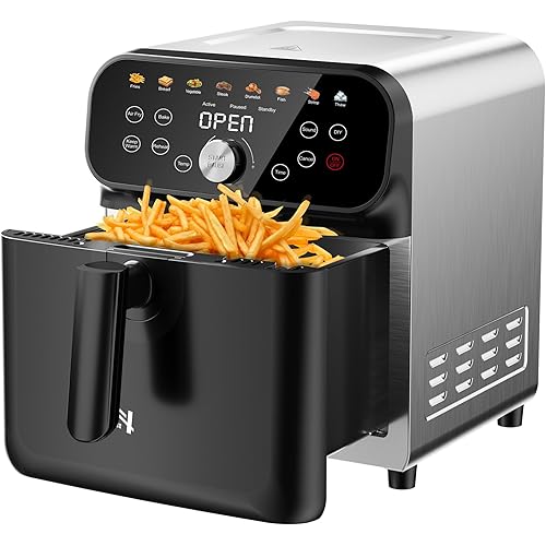 6.3QT Air Fryer Oven with LED Digital Touchscreen, 12 Preset Cooking Functions Air fryers, Bake, Reheat, Keep Warm, Nonstick and Dishwasher-Safe Basket, Stainless Steel/Black