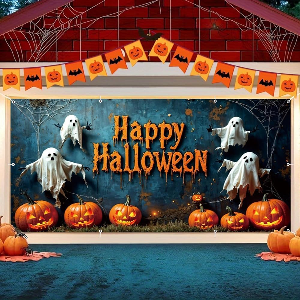 Lexfvpooハッピーハロウィンガレージドアカバー 7x16フィート 不気味な青い幽霊の壁 蜘蛛の巣付き 大型ハロウィンバナー 2