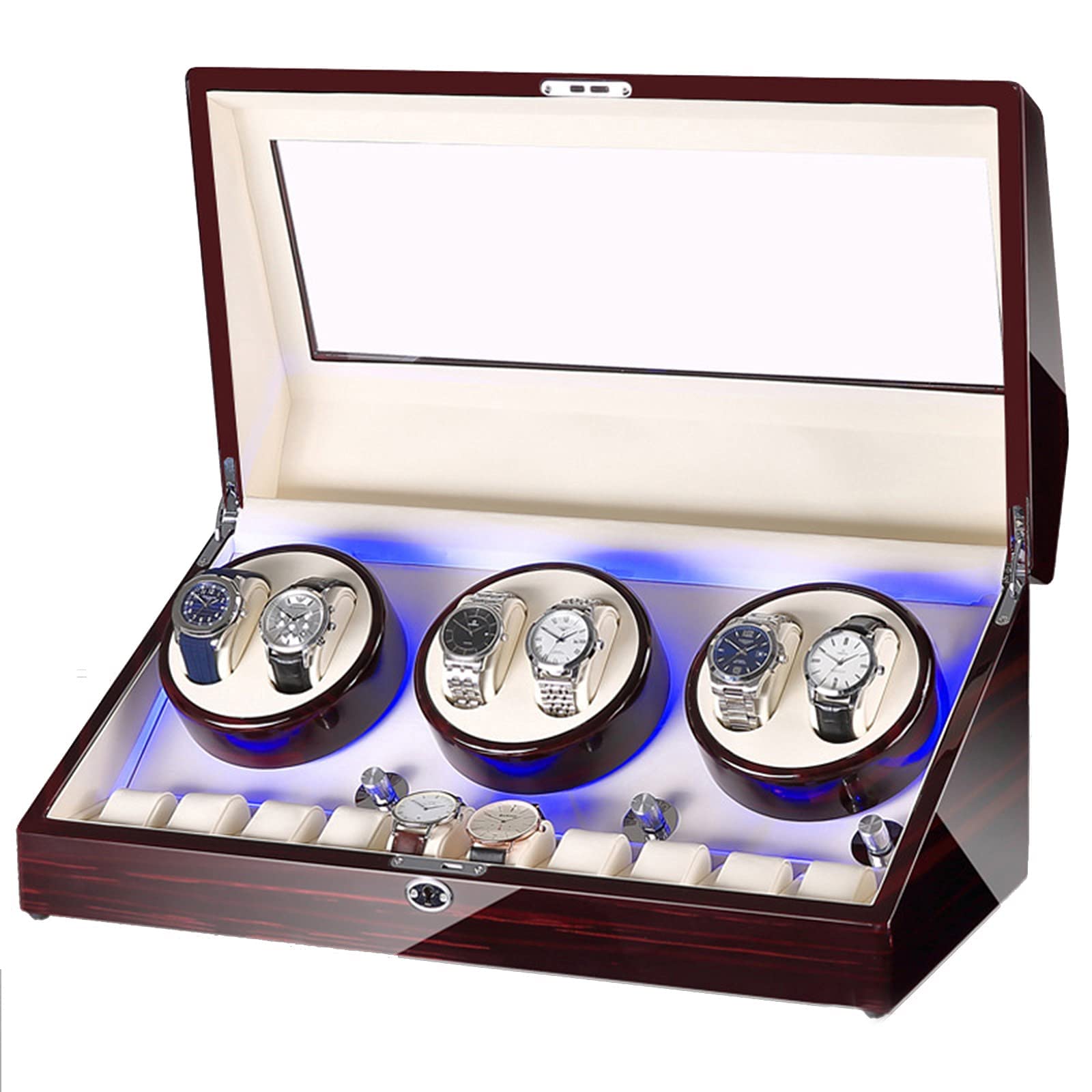 Reloj Winder Box de madera para 6+10 relojes automáticos con luz LED 8