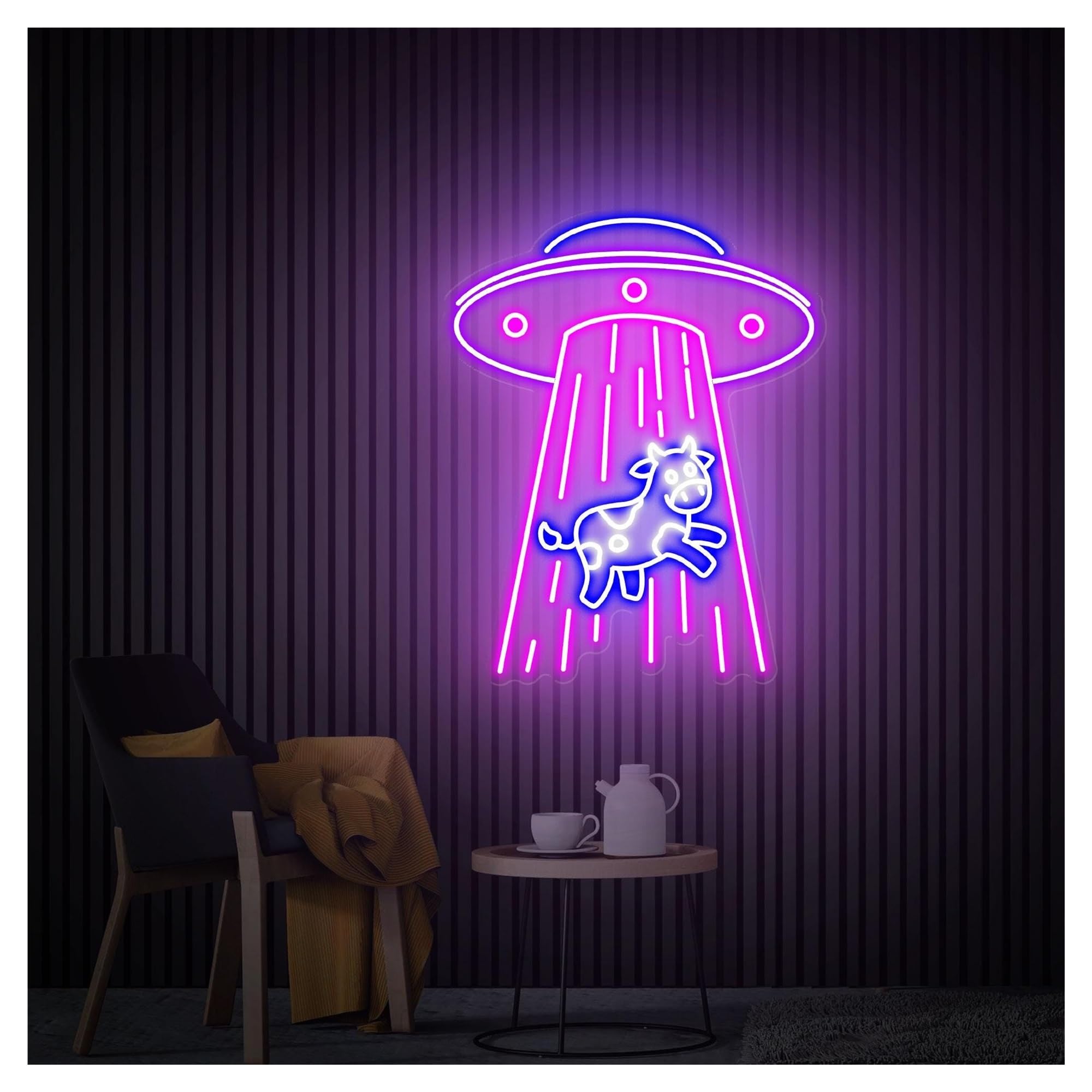 RONGCH Hanging Art Signs UFO Kidnapping Cow Neon Sign,Suitable for Bedroom Decor with Dimmable 48cmx60cm(E)