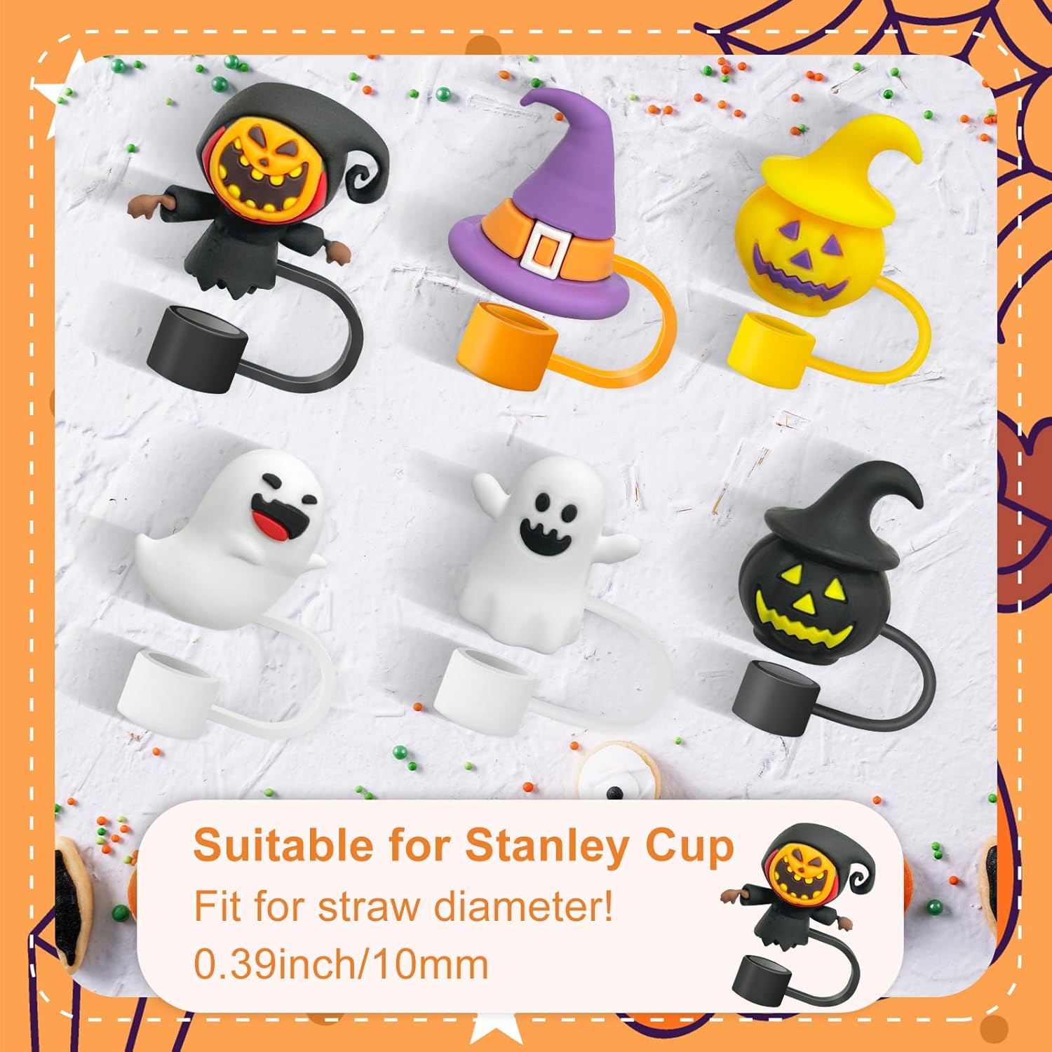 Stanley 30&40 Oz Tumbler Halloween Ghost Straw Toppers - Silicone, Reusable, 6 Pack - Image 2