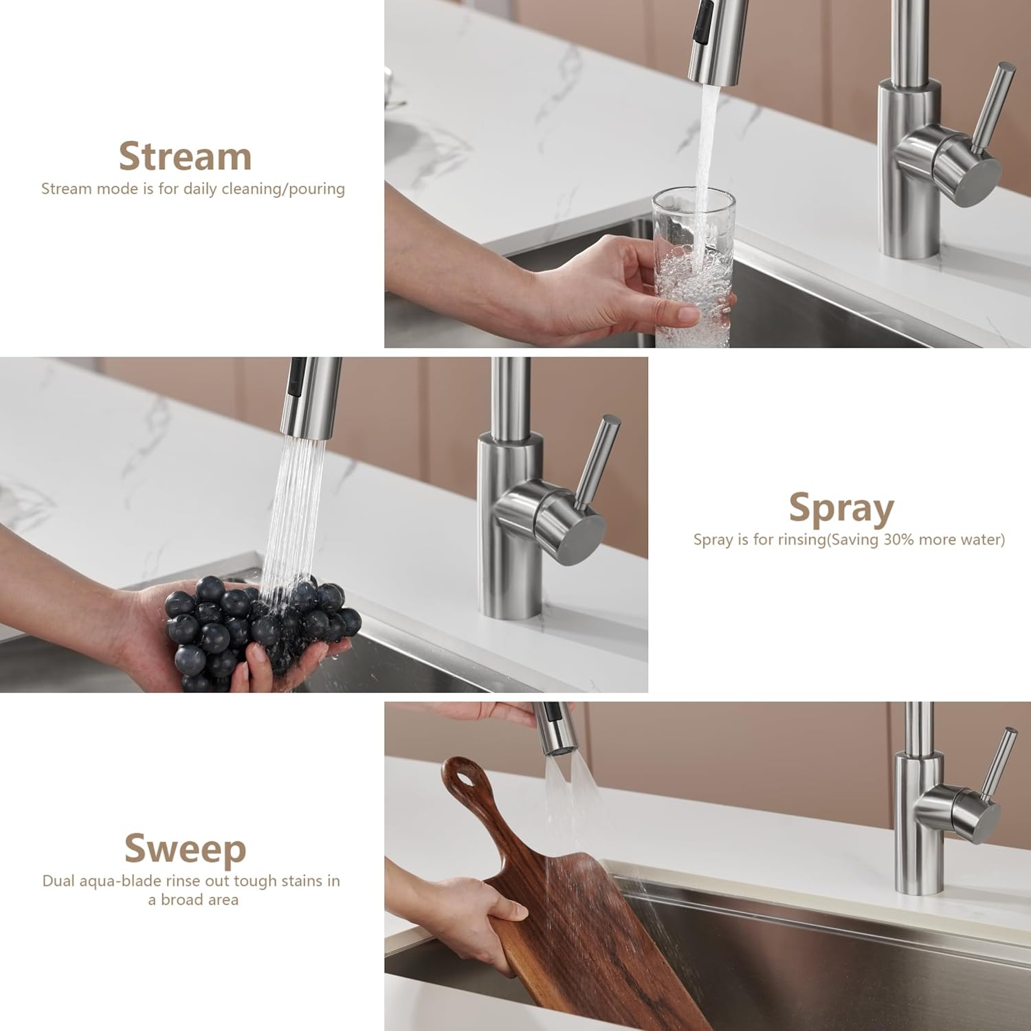 Brushed Nickel Stainless Steel Pull-Down Kitchen Faucet