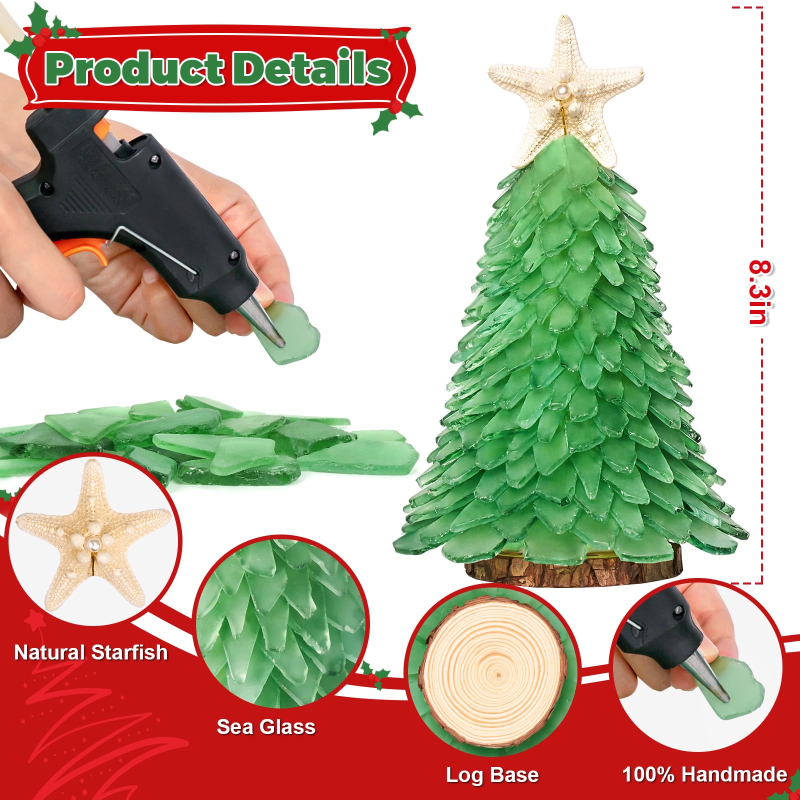 Árbol de Navidad de cristal de mar verde, mini árbol de Navidad hecho a mano, centro de mesa, ideal para Navidad, Año Nuevo, decoración del hogar, decoración de vacaciones costeras y más