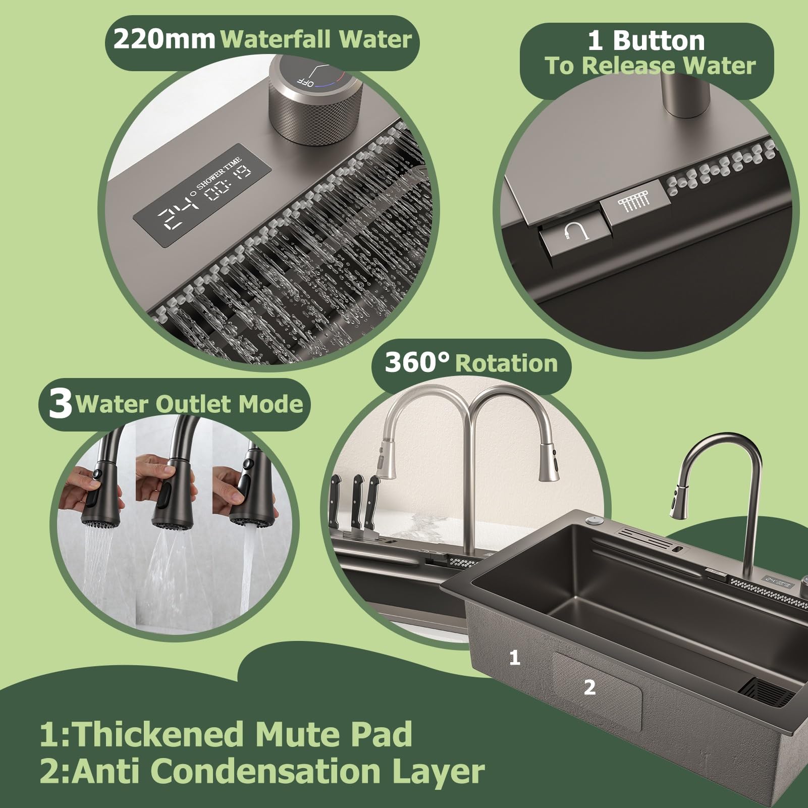 Stainless Steel Waterfall Kitchen Sink Set, Single Bowl Workstation With Digital Display Pull-Out Faucet, Cup Washer, 13-Piece Accessory Kit, Kitchen Sink With Water-saving Features(Black-Grey,75x46cm