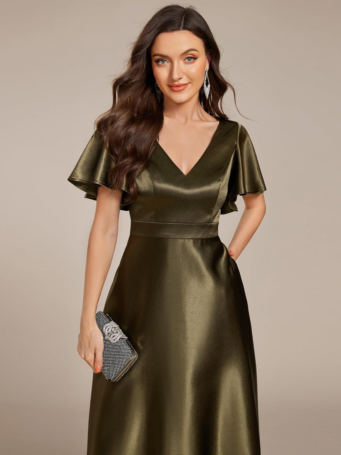 Ever-Pretty Women's Satin Short Ruffles Sleeves A Line Empire Waist Wedding Guest Dress with Pockets 02335 - Image 5