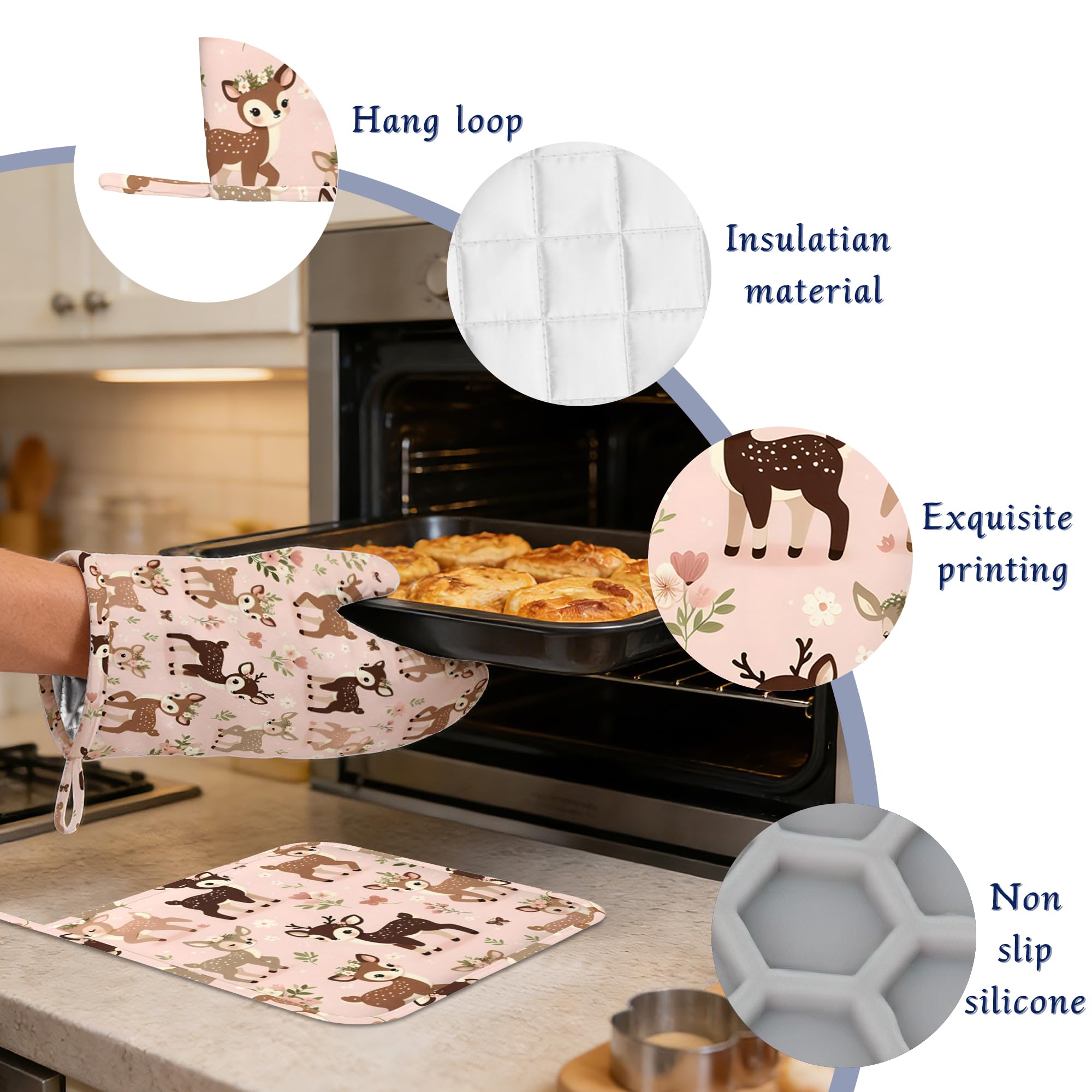 Juego de agarraderas y manoplas de horno con diseño de ciervos y flores, de silicona, resistentes al calor, almohadillas calientes, antideslizantes, para cocina, chef, cocina, hornear, parrilla