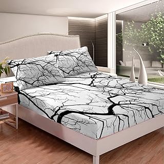 Tree Branches Bed Sheet Set for Teens Boys Girls Youth Woman Man Black and White Tree Pattern Printed Bedding Set Nature Theme Fall Autumn Fitted Sheet Decor 3 Pcs Queen Size